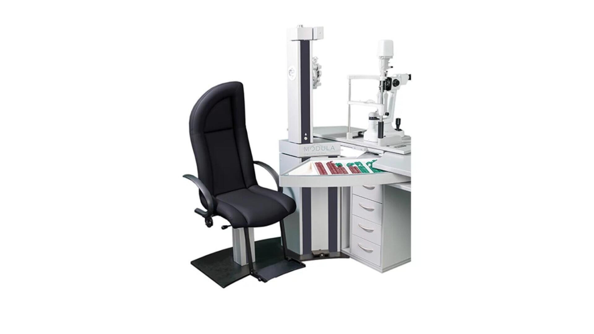 A modern ophthalmology workstation with a black patient chair, an eye examination device, a control panel with colored buttons, and white storage drawers on a white background.