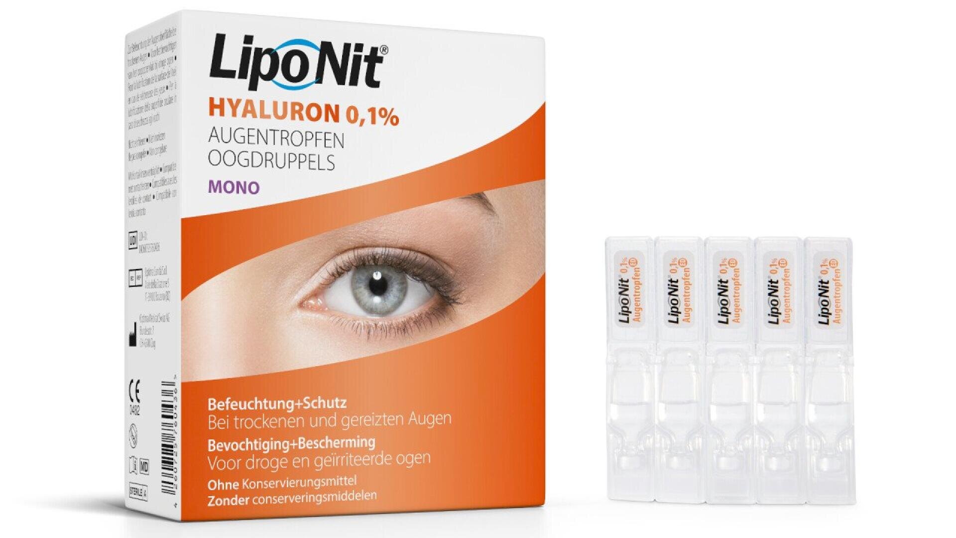 A box of LipoNit Hyaluron 0.1% eye drops is shown next to four individual single-use vials. The packaging features an image of an eye and text in German and Dutch describing the product.