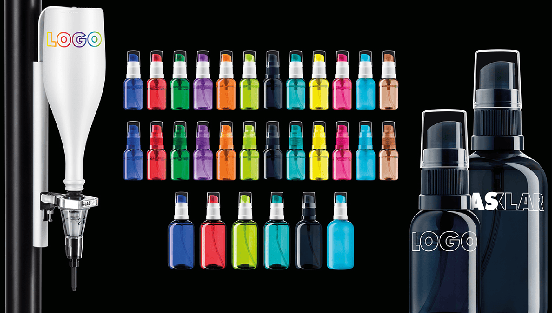 Various colorful spray bottles are lined up in rows, next to a white bottle on a dispenser and two larger black spray bottles labeled LOGO and TASKLAR, all set against a black background.