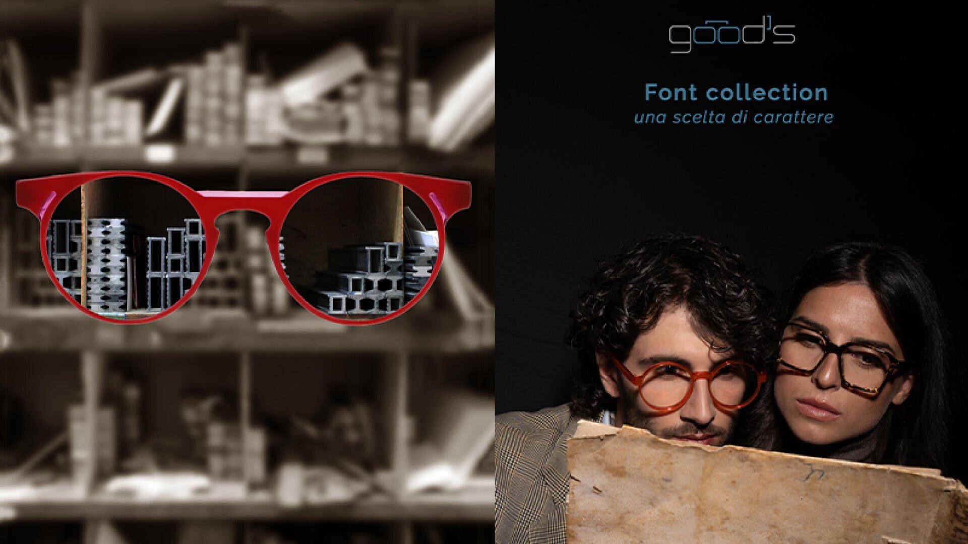 Geteiltes Bild: Die linke Seite zeigt eine rote Brille, die sich auf klare Regale mit Büchern und Gegenständen vor einem unscharfen Hintergrund konzentriert. Die rechte Seite zeigt einen Mann und eine Frau mit stilvollen Brillen, die ein altes Papier halten, über dem der Text "Goods Font Collection" steht.