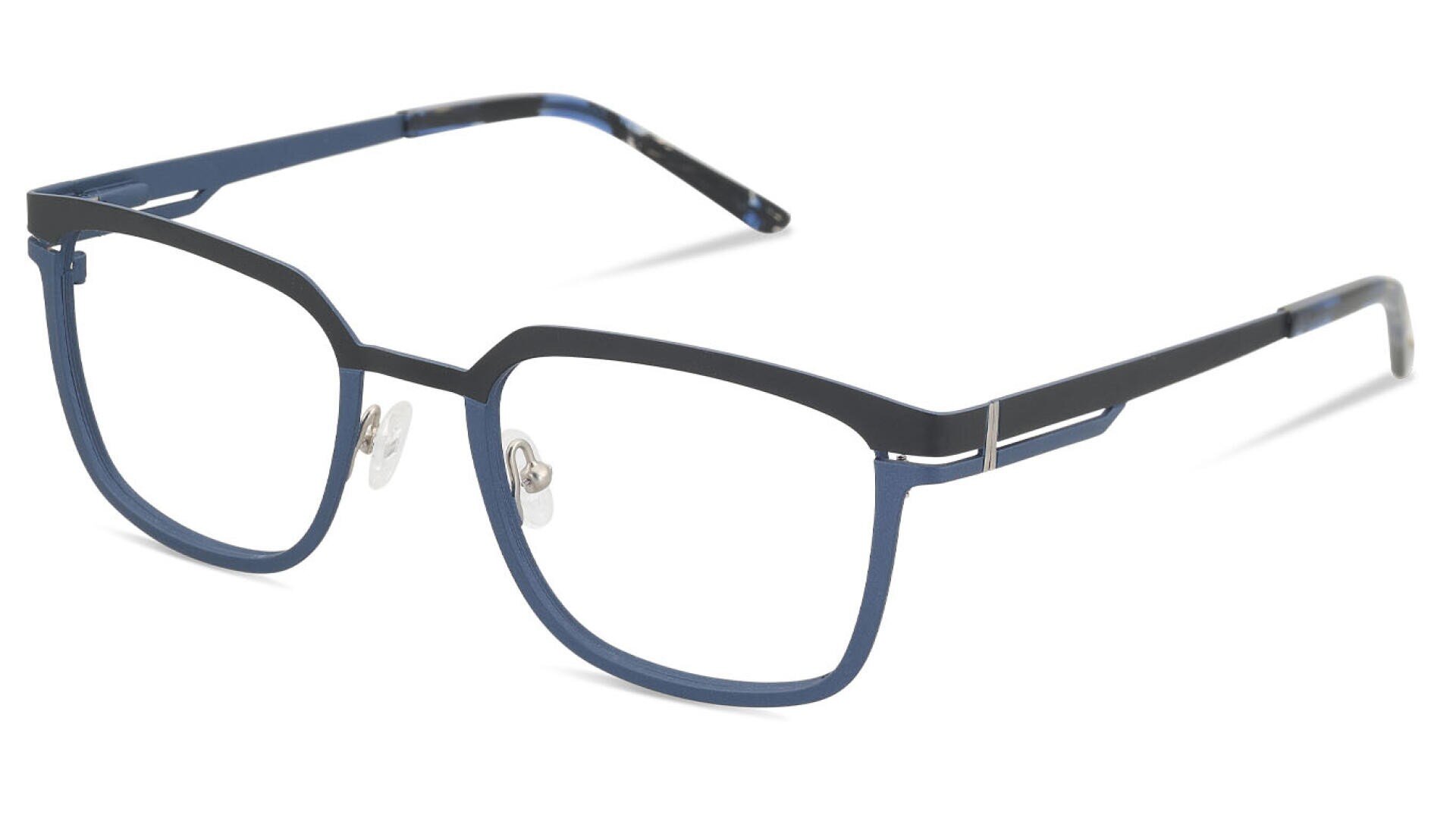 Eine rechteckige Brille mit dünnem, dunkelblauem Metallrahmen, klaren Gläsern, verstellbaren Nasenpads und geraden Bügeln, die in der Nähe der Scharniere einen dezenten metallischen Akzent aufweisen.