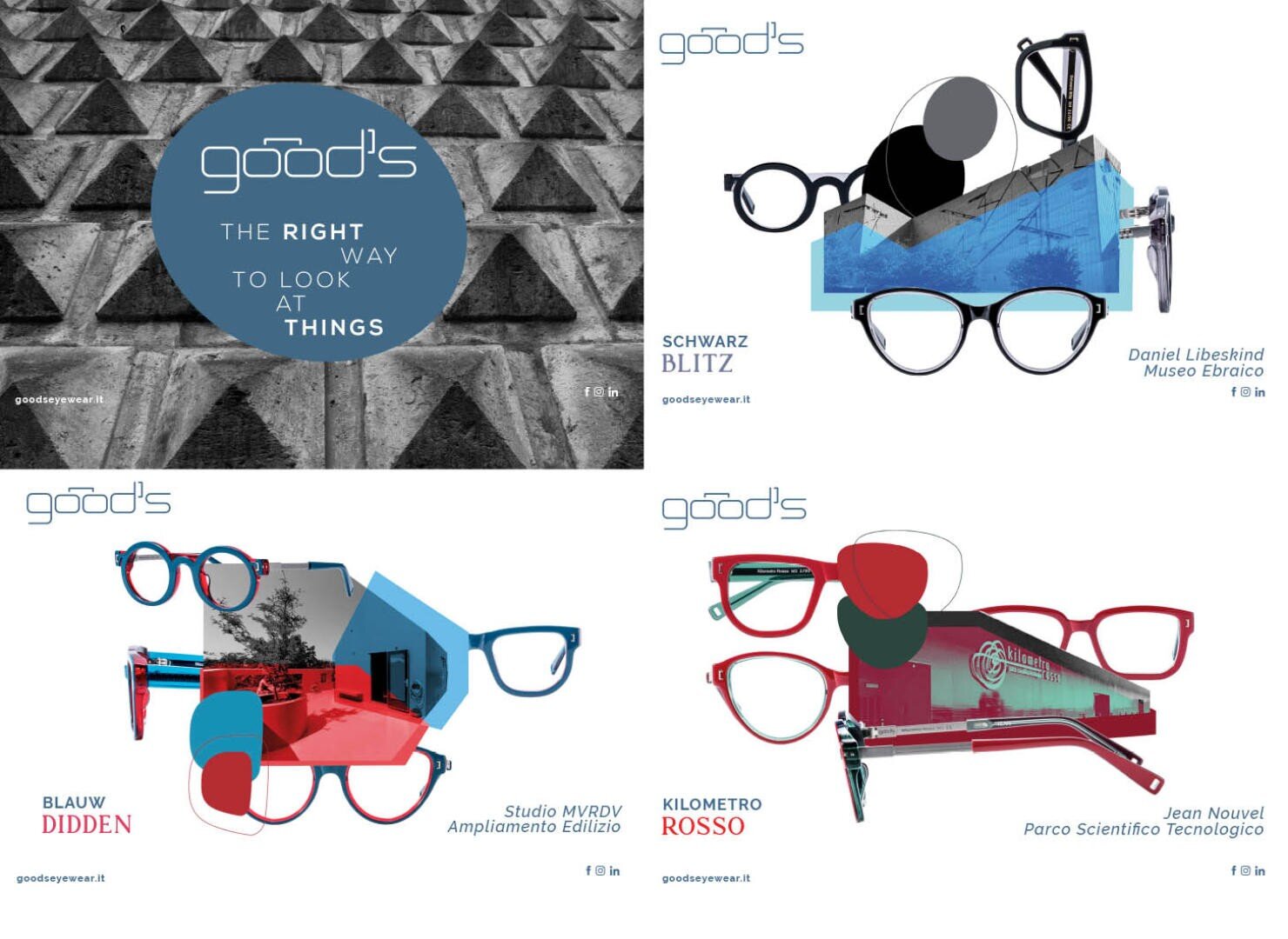 Eine Collage mit vier modernen Brillendesigns, jeweils gepaart mit geometrischen Architekturelementen und kühnen Formen in Blau, Rot und Schwarz. Der Text hebt Designer und Orte hervor, mit der Phrase THE RIGHT WAY TO LOOK AT THINGS.