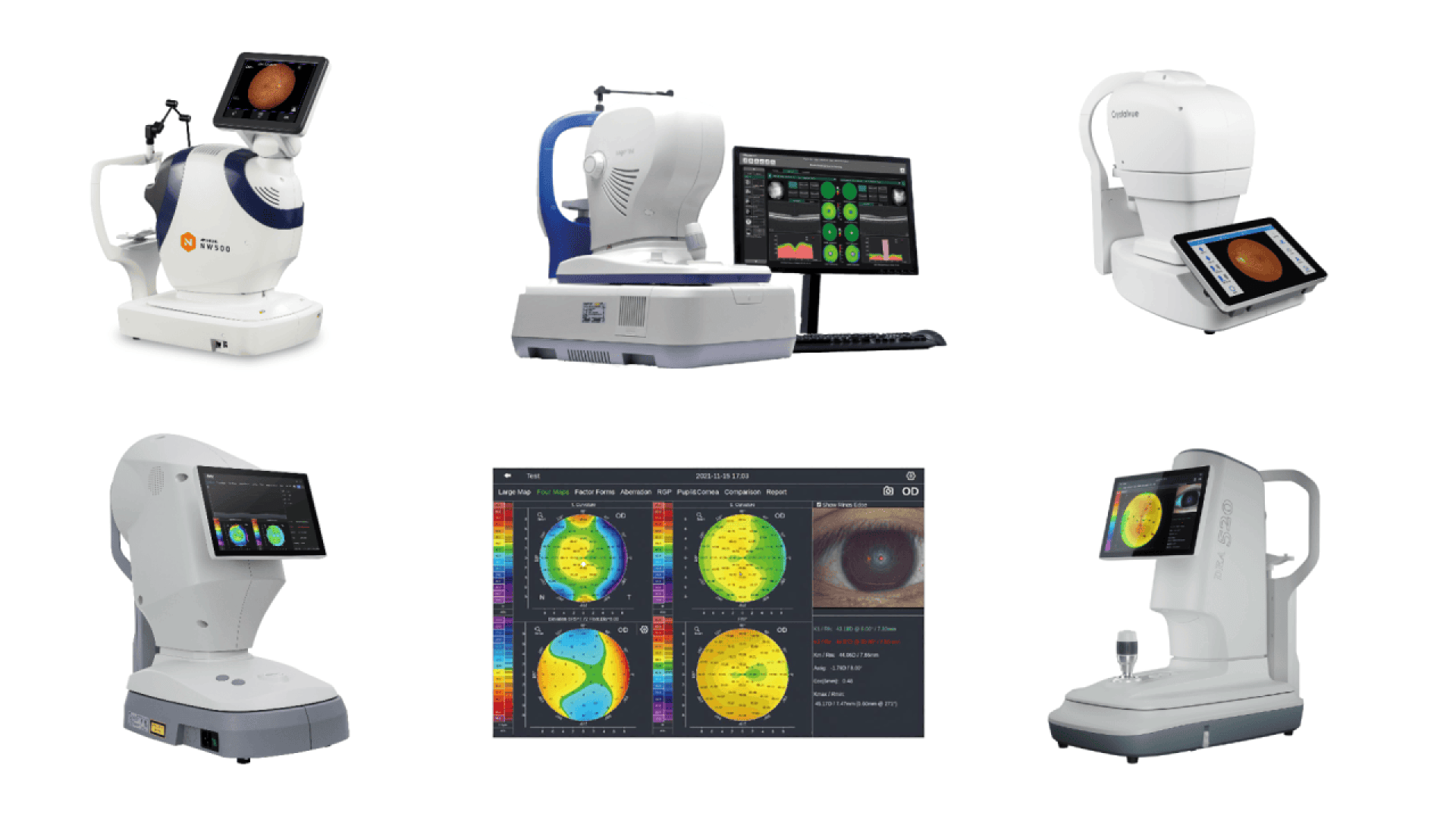 Six different corneal topography machines are displayed, each with a screen showing eye images or corneal maps, and one image in the center showing detailed corneal topography results.