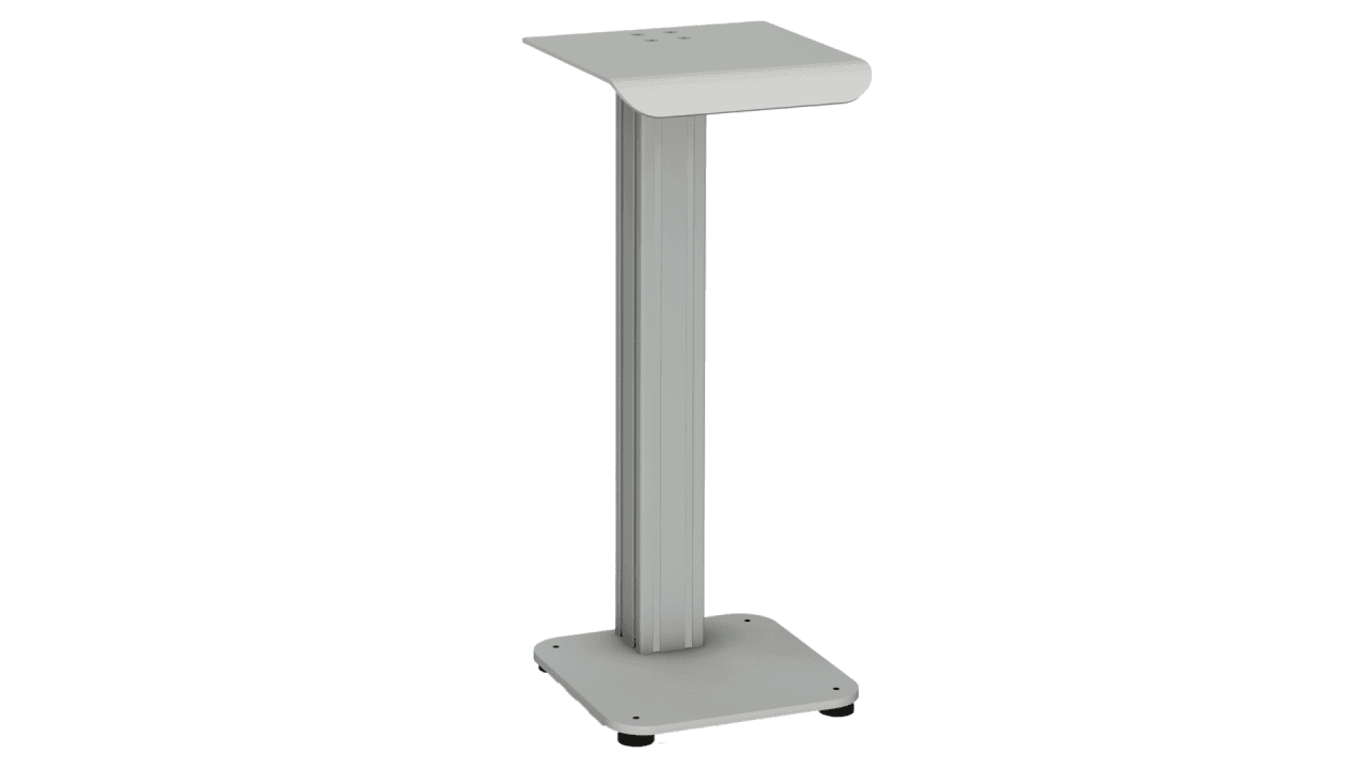 A tall, freestanding metal stand with a rectangular base, vertical column, and a small, angled top platform. The design is minimal and modern, with a grey finish.
