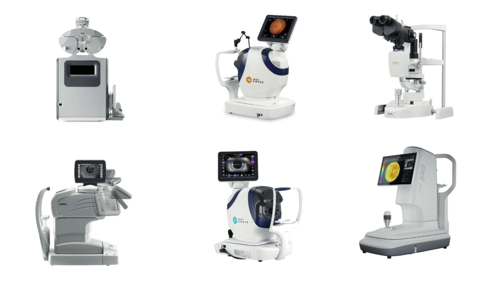 Six modern ophthalmic diagnostic devices, each with screens displaying eye images or data, are arranged in two rows against a white background; the equipment varies in design and purpose for eye examinations.