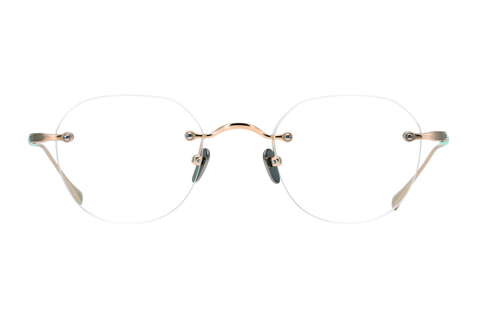 A pair of rimless eyeglasses with gold metal temples and bridge, black nose pads, and clear lenses, shown from the front on a white background.