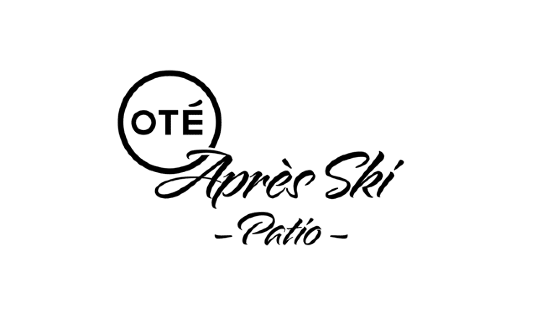 Schwarzes Textlogo auf hellgrauem Hintergrund mit der Aufschrift OTÉ Après Ski Patio, mit OTÉ innerhalb eines Kreises über Après Ski in Kursivschrift und Patio darunter, ebenfalls in Kursivschrift mit Bindestrichen auf beiden Seiten.