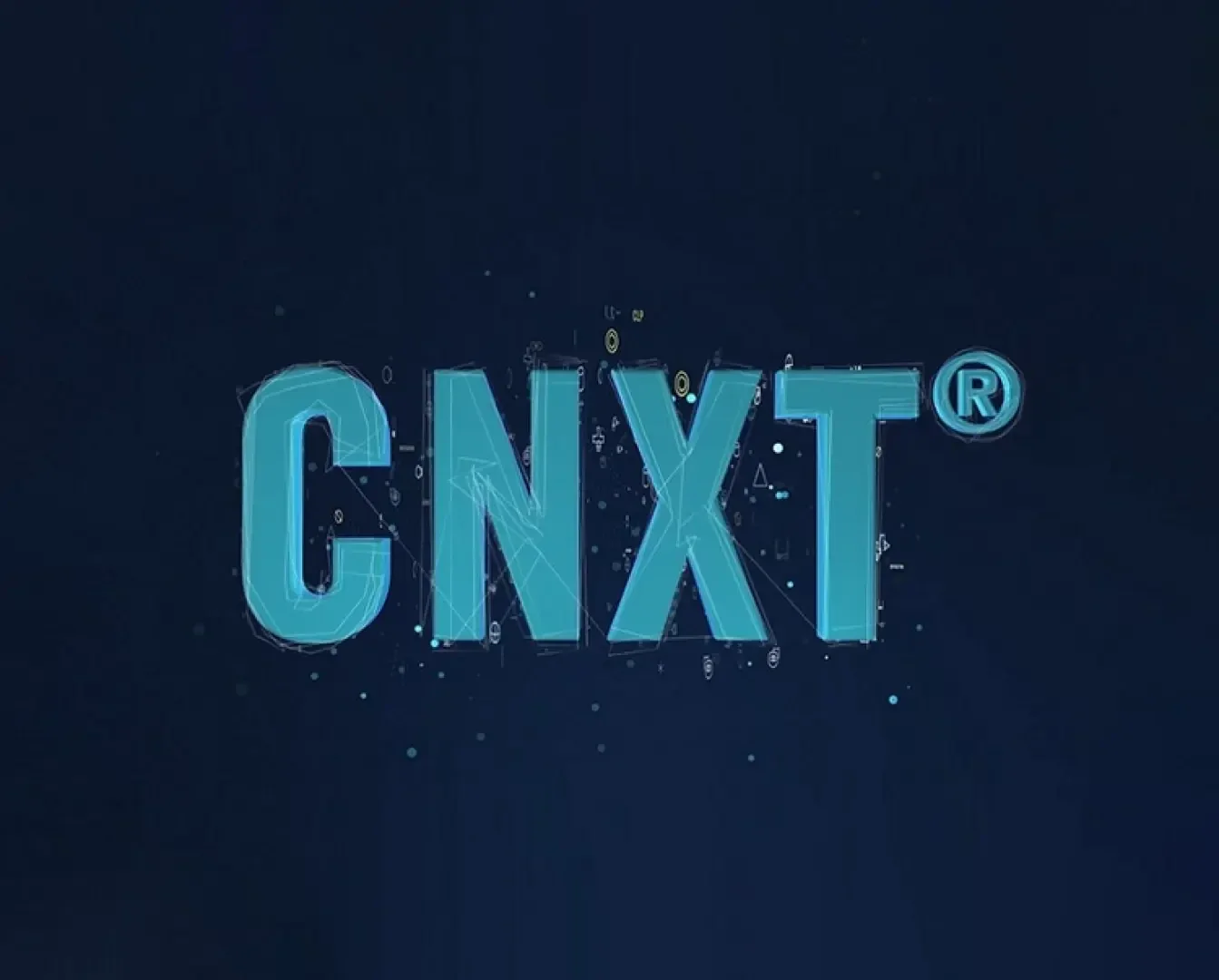 Das Bild zeigt den Text CNXT® in großen, fetten, blauen Buchstaben, zentriert auf einem dunkelblauen Hintergrund, mit schwachen digitalen und geometrischen Elementen, die den Text umgeben.