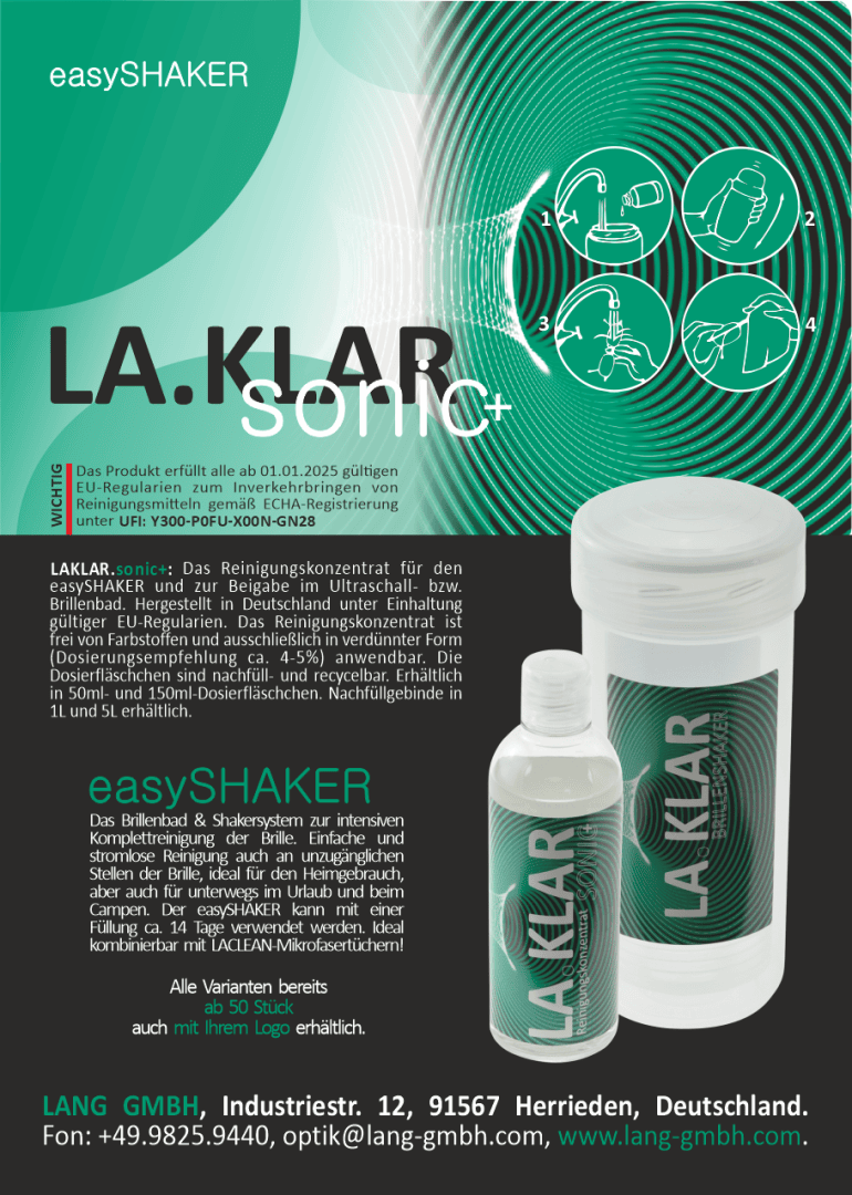 Werbeplakat für den LA.KLAR sonic+ Reiniger von easySHAKER, das die Flaschen des Produkts, seine Verwendungsmöglichkeiten für die Reinigung von Gläsern mit Ultraschallgeräten und die Kontaktdaten der Lang GmbH in Deutschland zeigt. Grünes und weißes Farbthema.