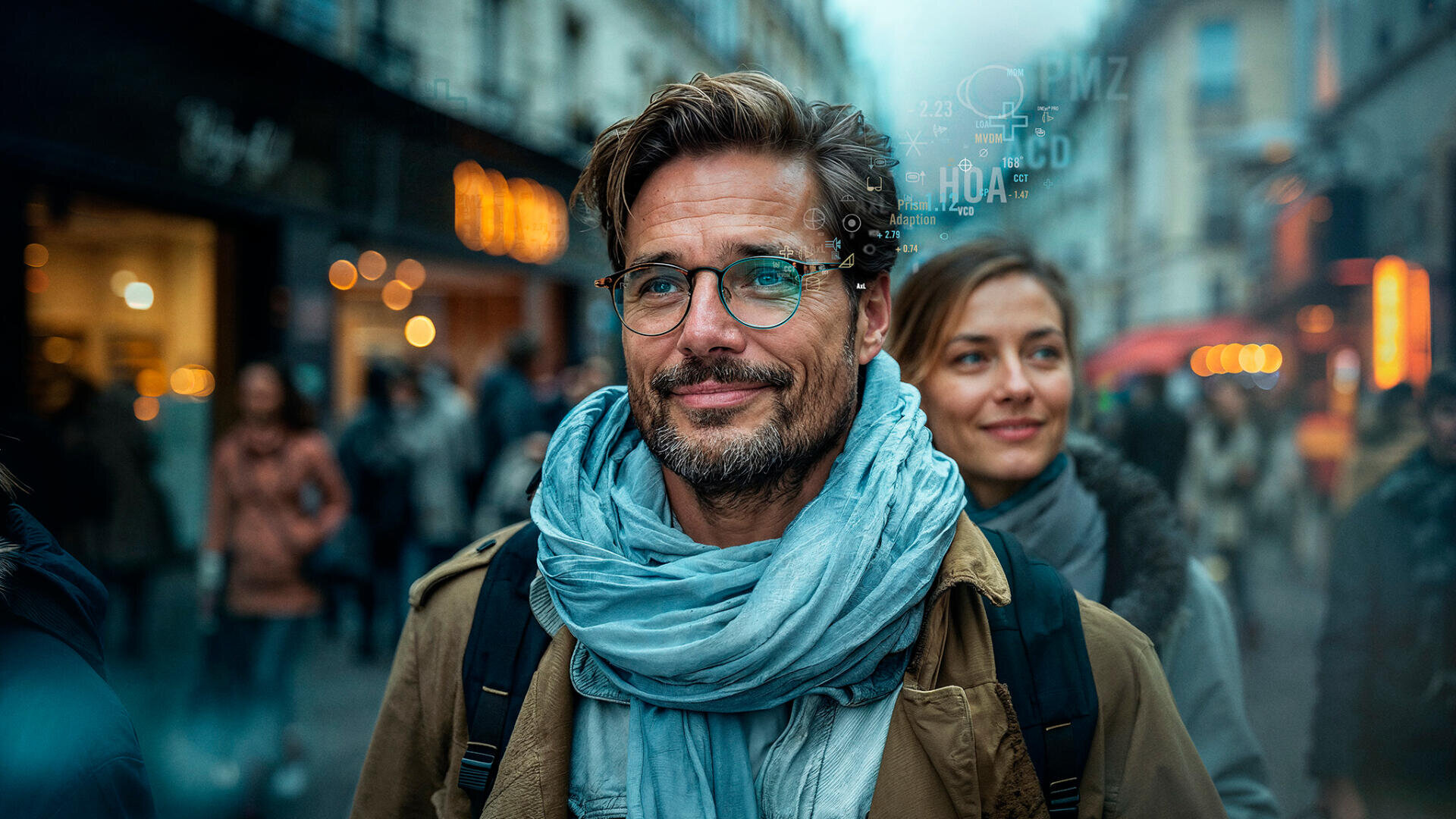 Ein lächelnder Mann mit Brille und Schal geht durch eine belebte Stadtstraße, dicht gefolgt von einer Frau. Im Hintergrund sind verschwommene Menschen, Geschäfte und warme Straßenbeleuchtung zu sehen.