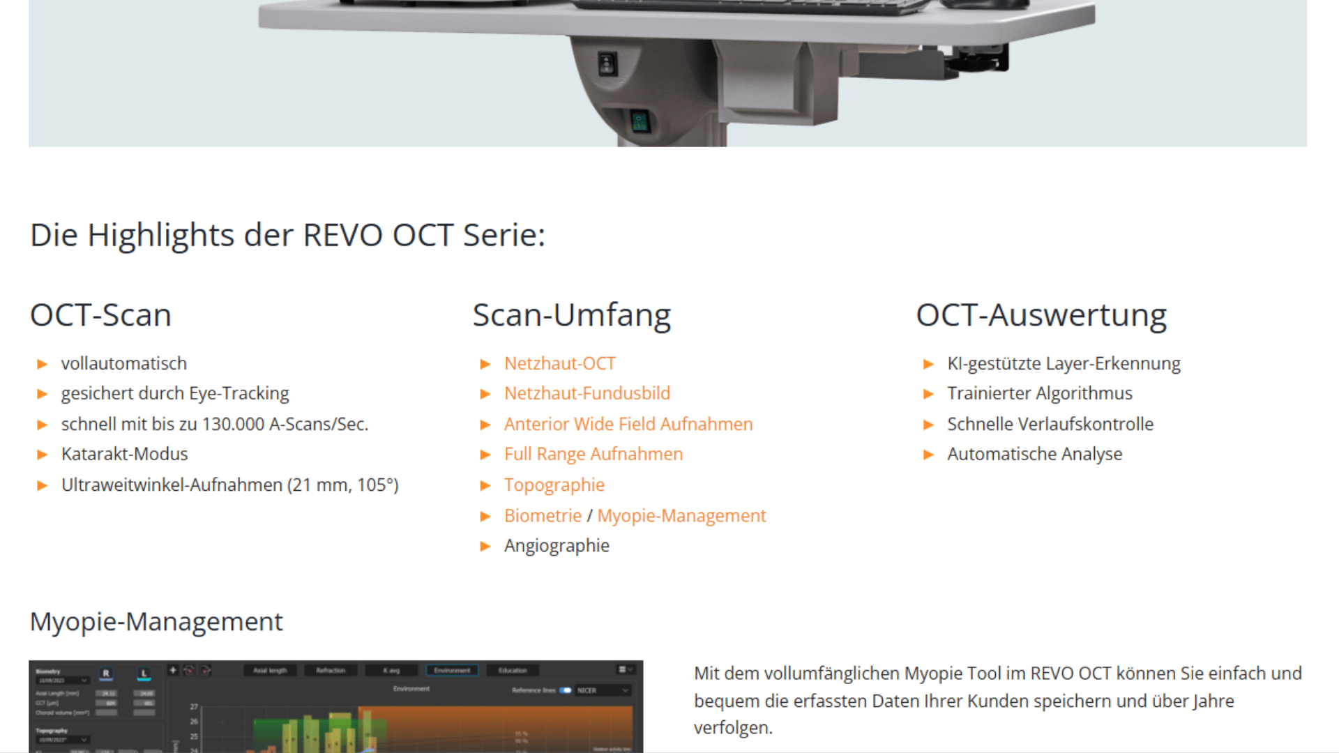 Ein Screenshot einer Website in deutscher Sprache, die Funktionen der REVO OCT-Serie zeigt, mit Abschnitten mit den Titeln „OCT-Scan“, „Scan-Umfang“ und „OCT-Auswertung“ sowie einem Diagramm und einem Bild zum Myopie-Management.