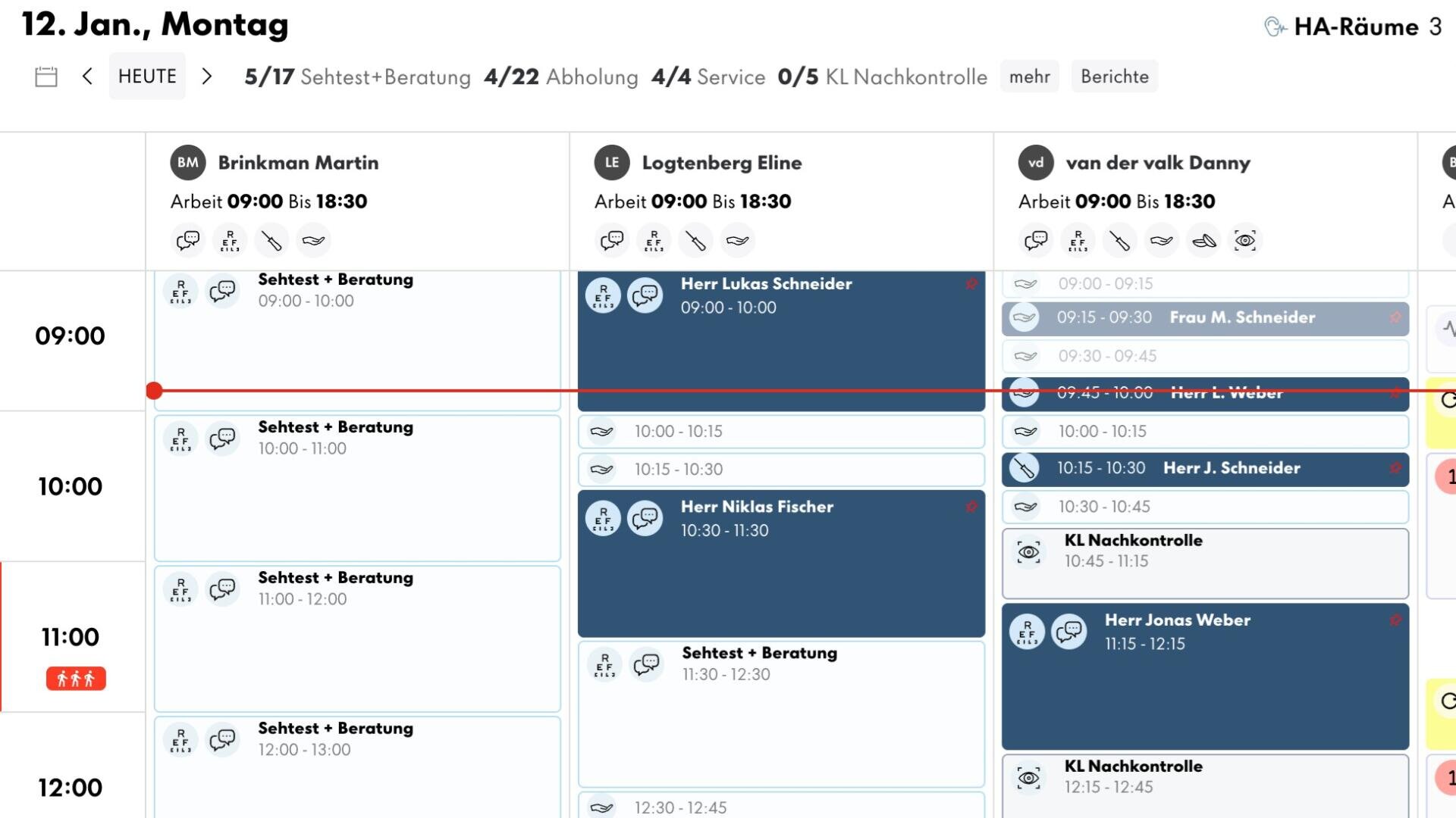 Ein digitaler Terminkalender für den 12. Januar, Montag, mit drei Spalten für Brinkmann Martin, Logtenberg Eline und van der van Damy. In jeder Spalte sind die Termine mit Zeiten, Kundennamen und Beratungsarten in blauen und weißen Kästen aufgeführt.