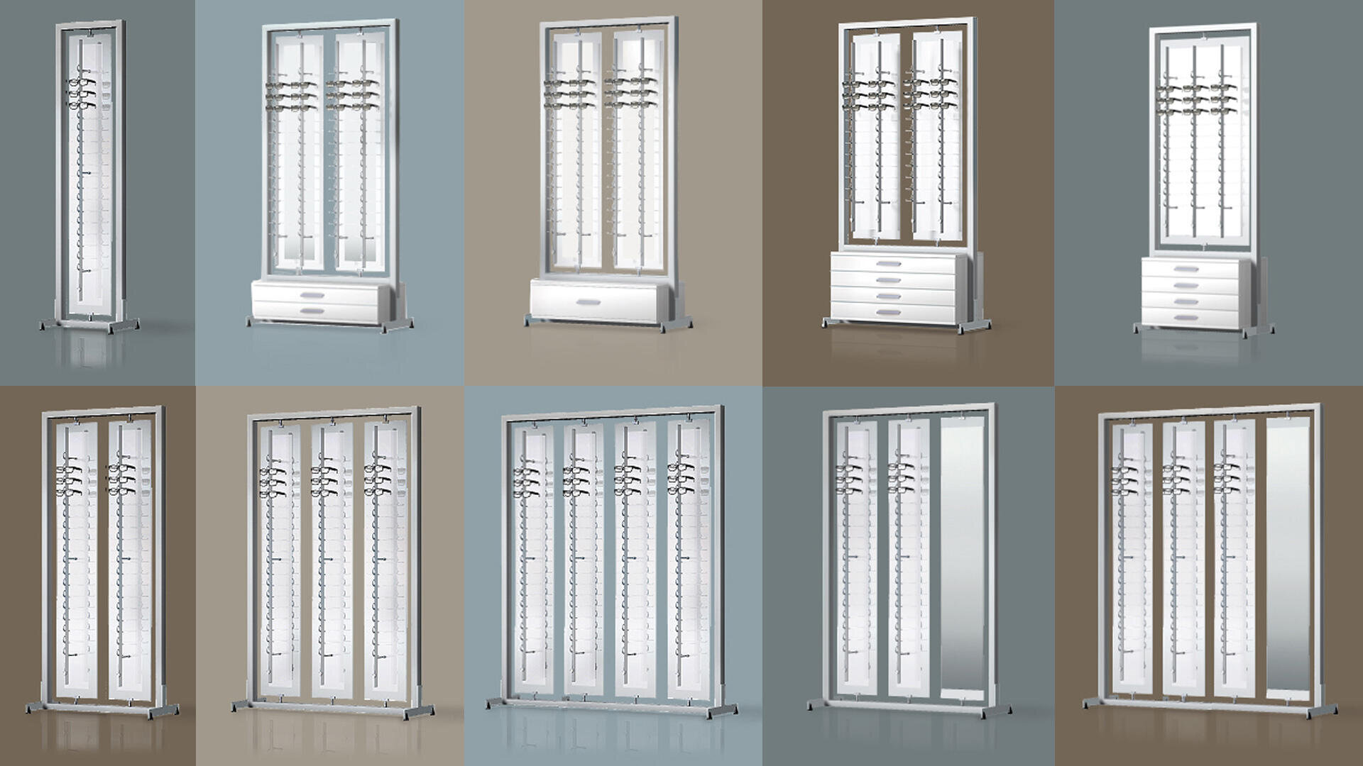 Ein Raster aus zehn Brillenvitrinen, jeweils mit Metallstangen und Glastüren, in verschiedenen Größen und leicht unterschiedlichen Designs vor unterschiedlich farbigen Hintergründen.