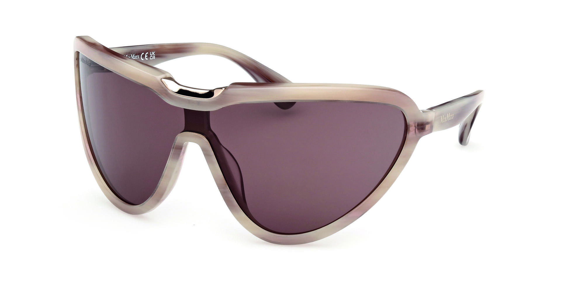 Schlanke, übergroße Sonnenbrille mit einem taupefarbenen, durchscheinenden Rahmen und dunklen Gläsern. Das Design zeichnet sich durch eine einzigartige kantige Form mit ausgeschnittenem Steg und dicken Rändern aus.