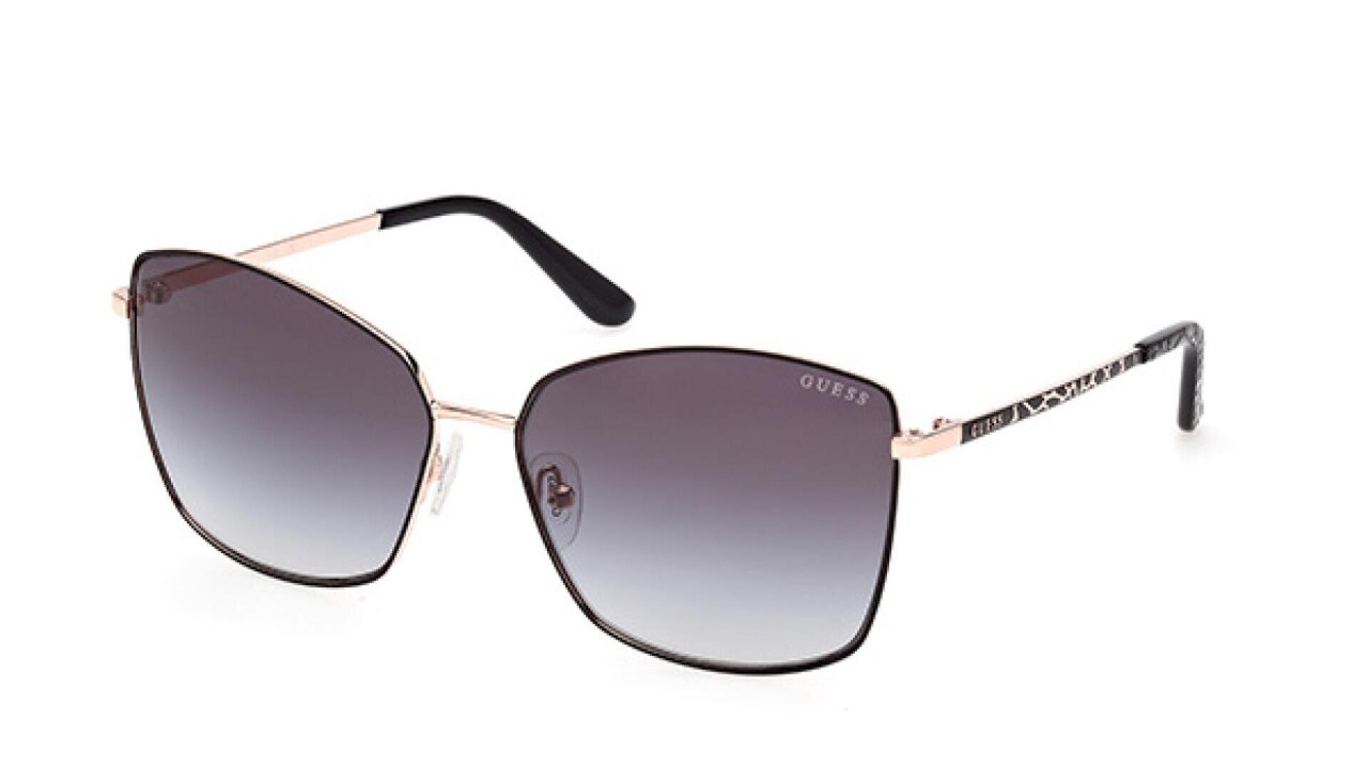 A pair of stylish Guess sunglasses with oversized square lenses, black and gold metal frames, and thin arms featuring a subtle logo design on a white background.