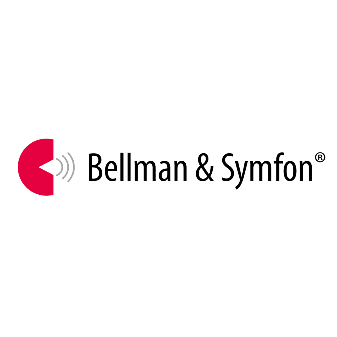 Bellman & Symfon logo with a red semicircle and three curved lines on the left side, representing sound waves, next to the company name in black lettering on a white background.
