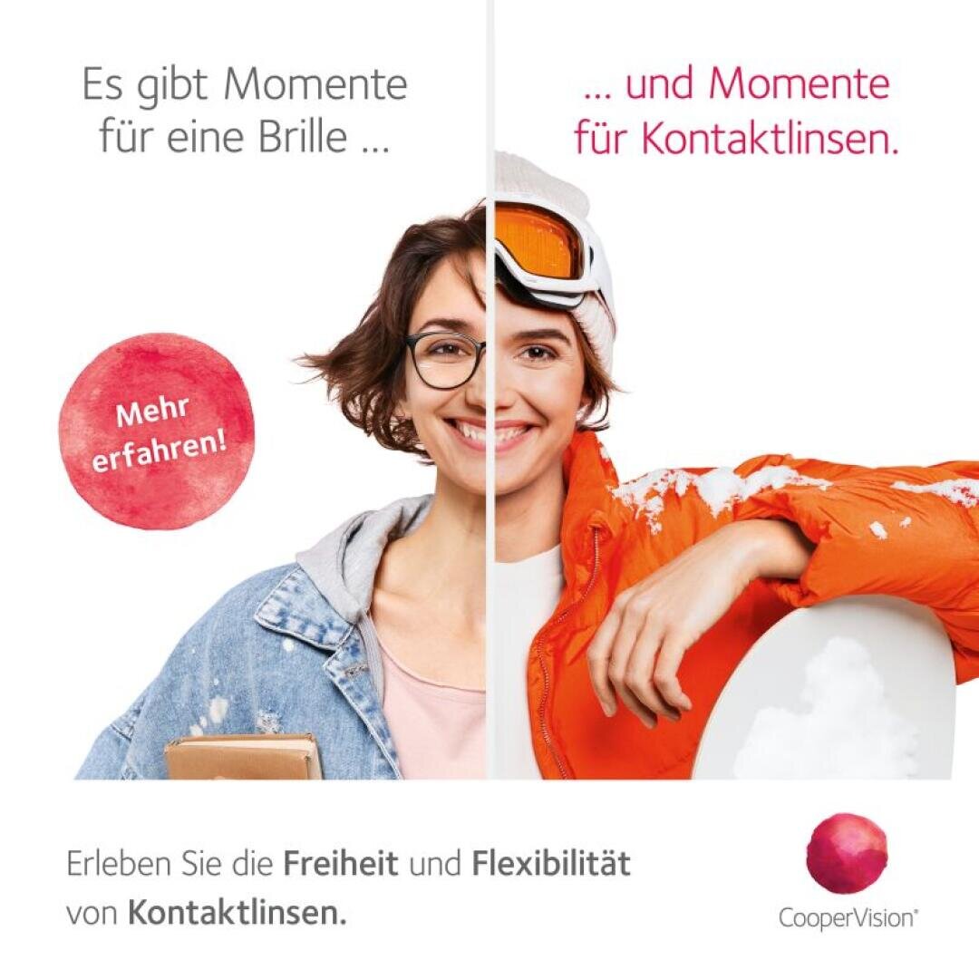 Ein geteiltes Bild zeigt eine lächelnde Frau: Links trägt sie eine Brille und Freizeitkleidung; rechts trägt sie Skikleidung und hält ein Snowboard, wodurch der Kontrast zwischen Brille und Kontaktlinsen hervorgehoben wird. Der Text ist auf Deutsch.