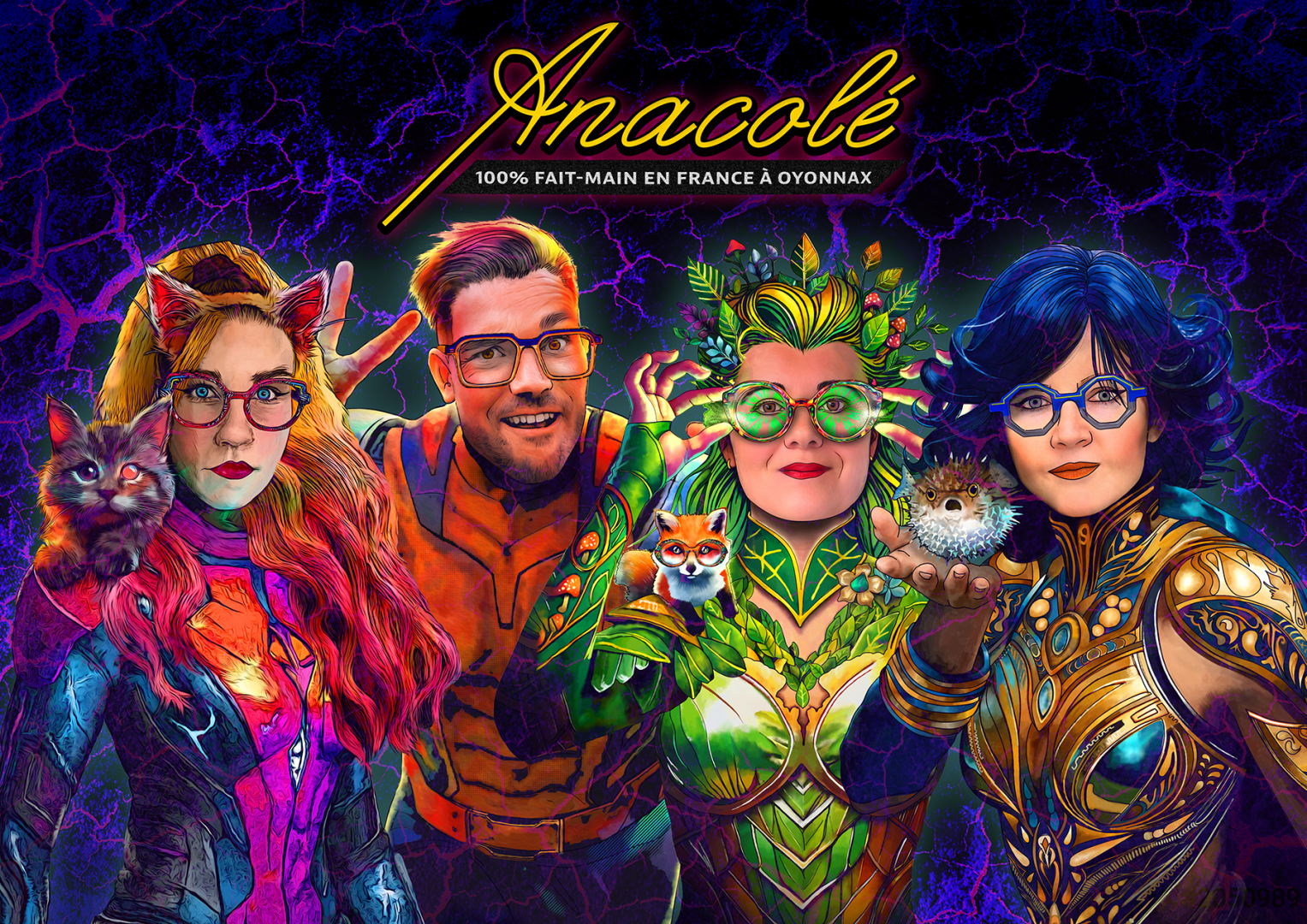 Four people in colorful, fantasy-themed costumes with glasses pose heroically. One holds a kitten, another has a fox and hedgehog. The background is electric purple with the text Anacolé and 100% fait-main en France à Oyonnax.