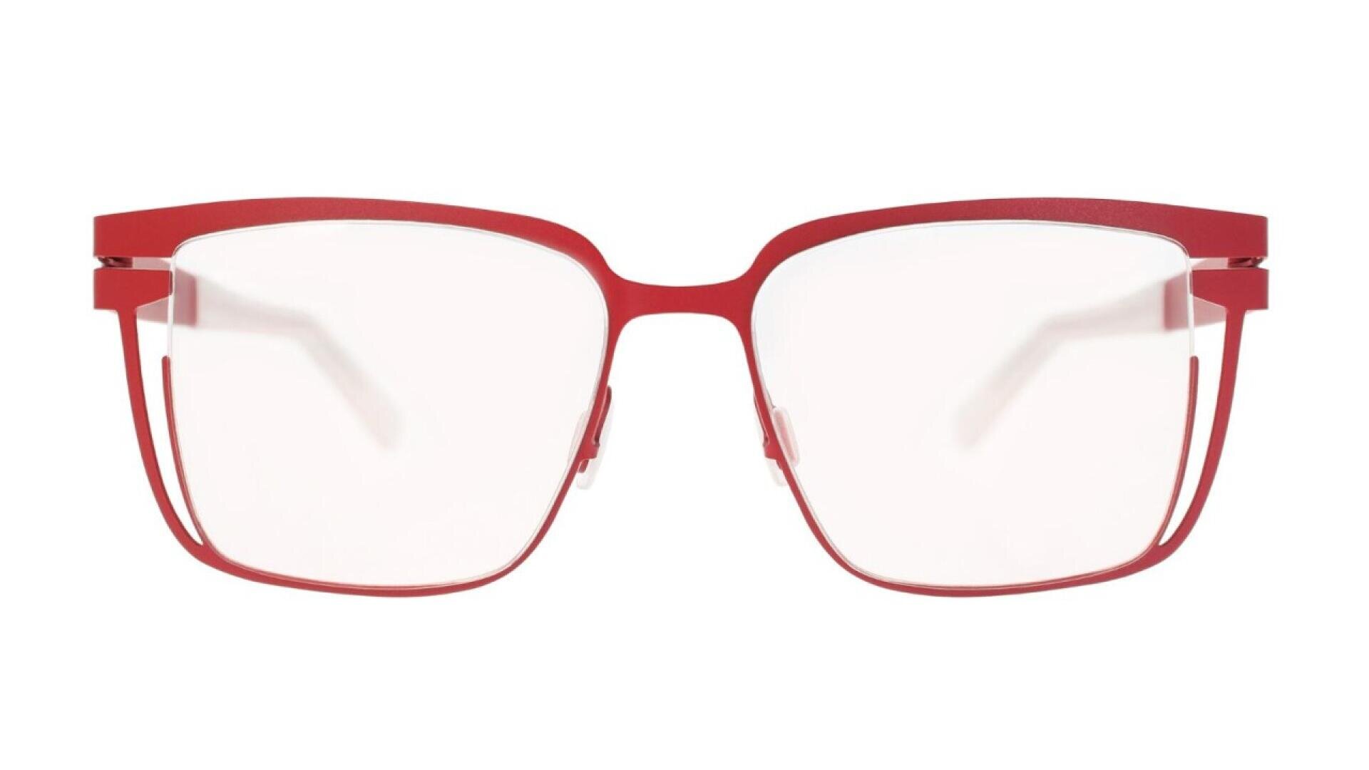 Red rectangular eyeglass frames with thin rims and clear lenses, viewed from the front against a white background.