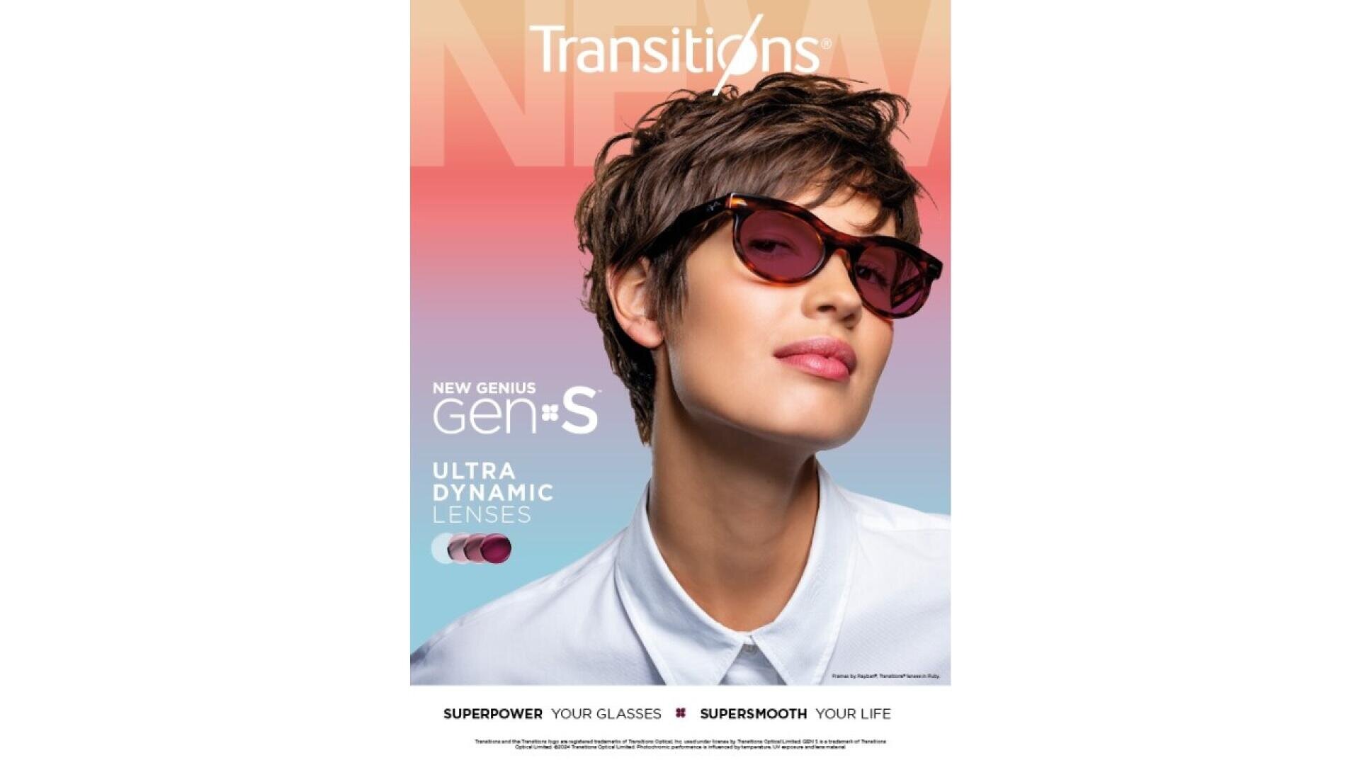 A person with short brown hair wears red-tinted sunglasses and looks confident. The background is a gradient of pastel colors. Text reads Transitions NEW GEN S Ultra Dynamic Lenses. Small icons and more text appear at the bottom.