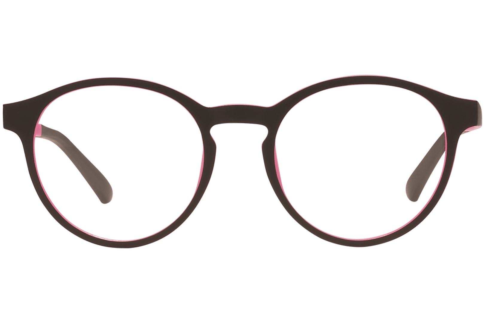 Eine runde Brille mit dunklem Rahmen und rosafarbenem Innenrand, von vorne gesehen vor einem transparenten Hintergrund.
