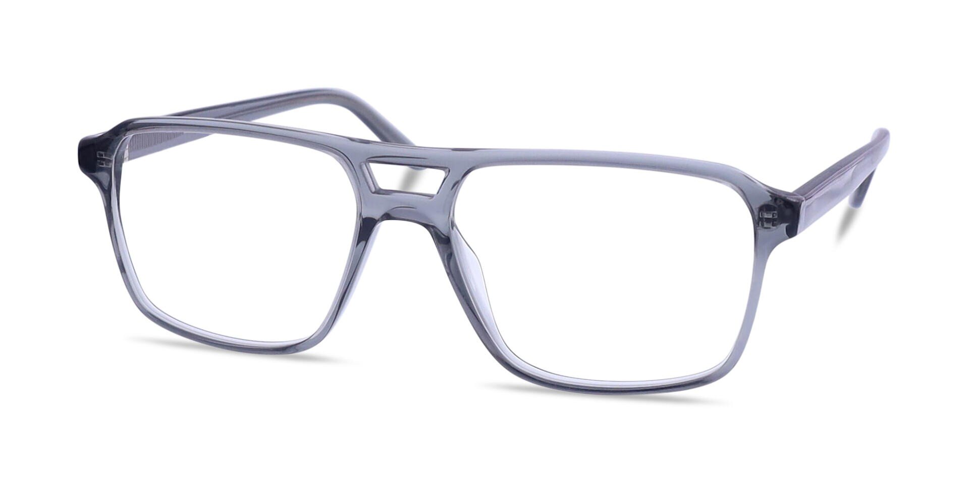 Eine rechteckige Brille mit klaren Gläsern und einem dünnen, grauen, durchscheinenden Rahmen mit einem kleinen Ausschnitt über dem Nasensteg, dargestellt auf weißem Hintergrund.