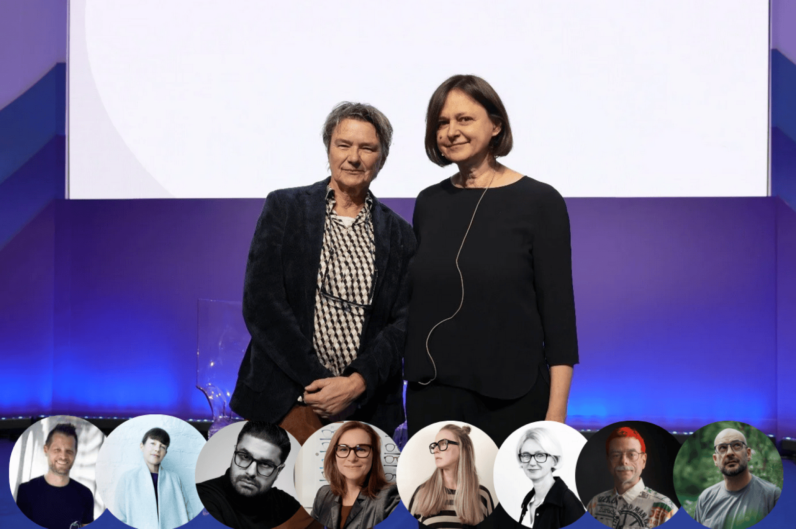 Two people stand next to each other on a stage with a blue and purple background. Below them are round portraits of eight people arranged in a row.