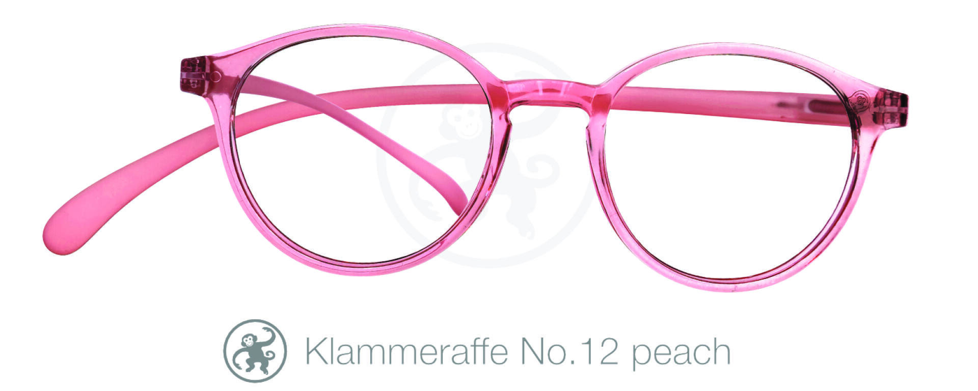 Round eyeglasses with transparent pink-peach frames, set against a white background. Below the glasses, text reads Klammeraffe No. 12 peach with a small monkey logo beside it.