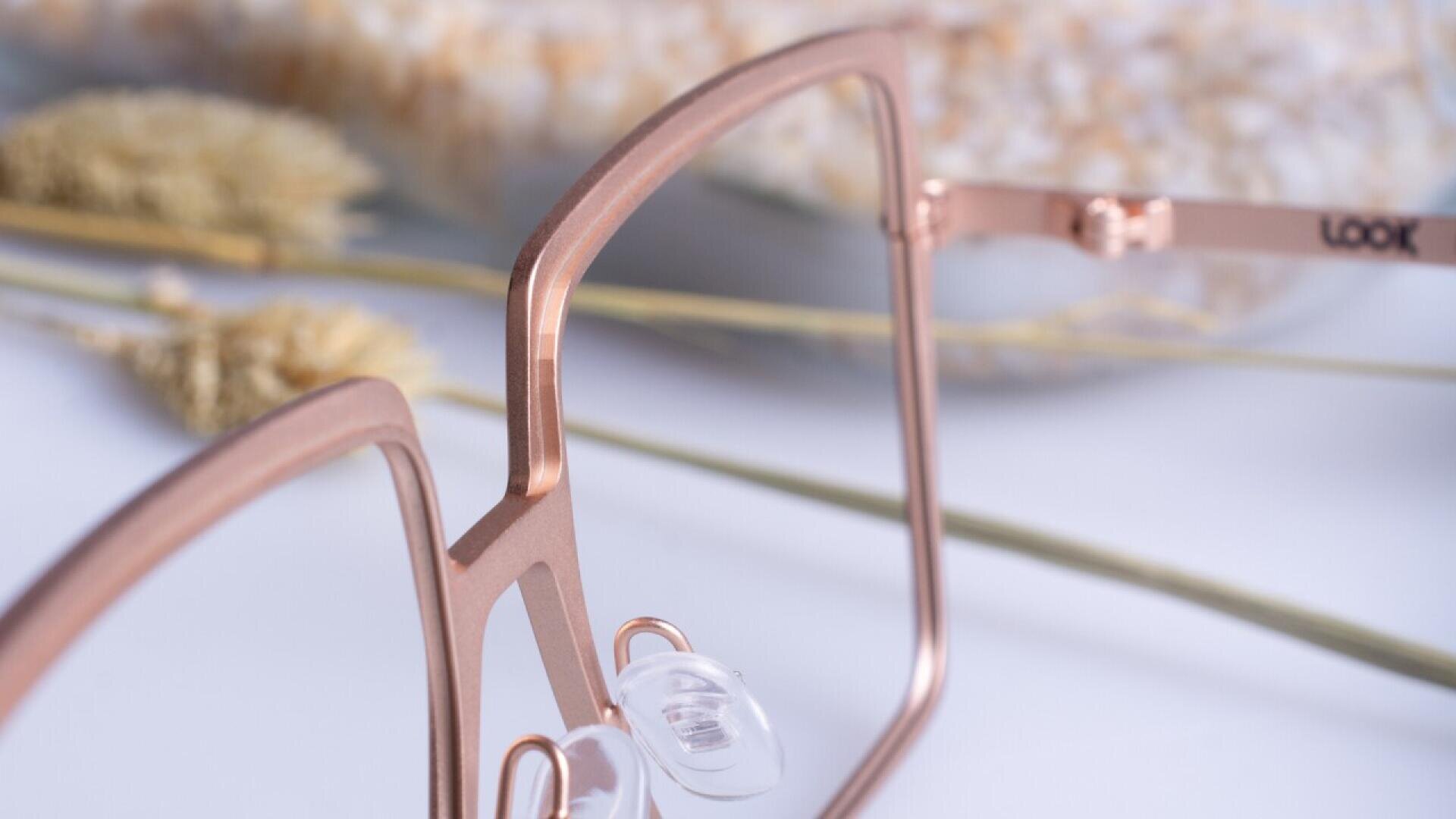 Nahaufnahme eines stilvollen, geometrischen Brillengestells aus Roségold mit durchsichtigen Nasenpads, platziert auf einer weißen Oberfläche mit getrockneten Pflanzen im Hintergrund.