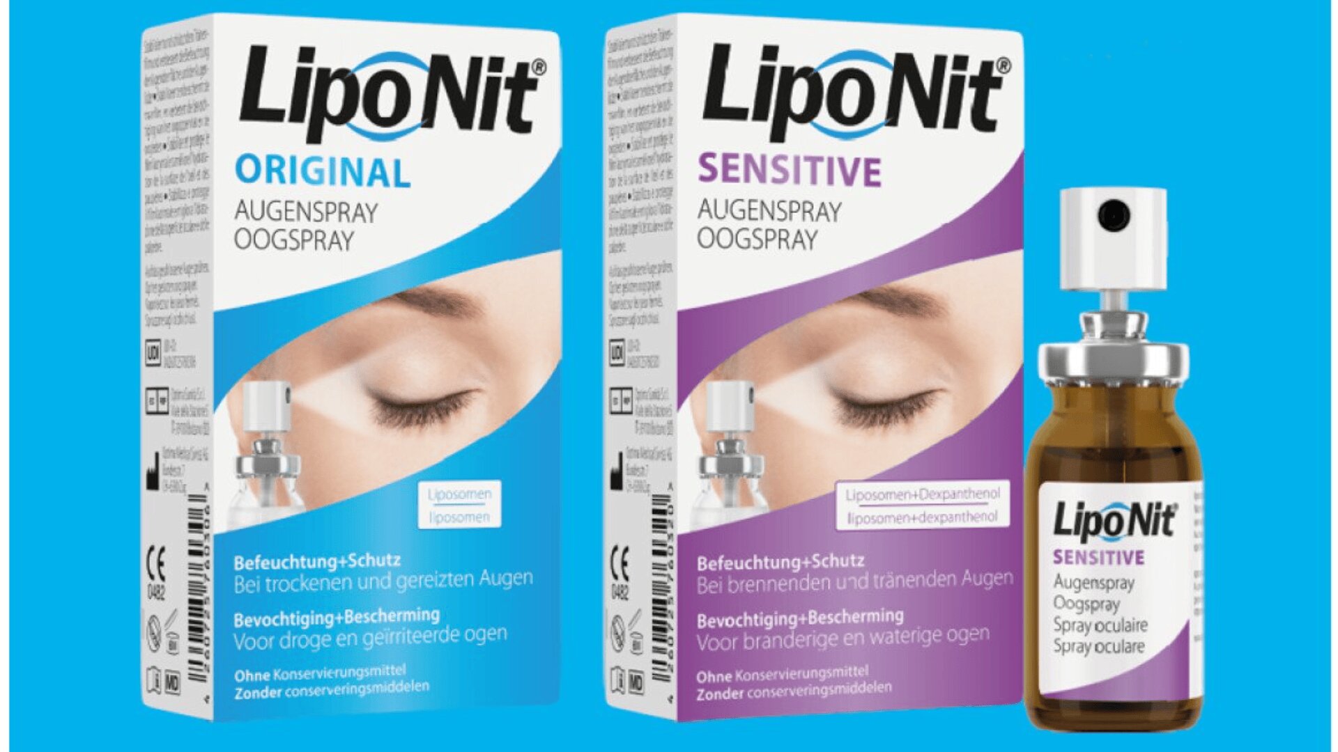 Two boxes of LipoNit eye spray (Original and Sensitive) are shown next to a small brown spray bottle. The boxes feature a closed eye image and product information in German and Dutch on a blue background.