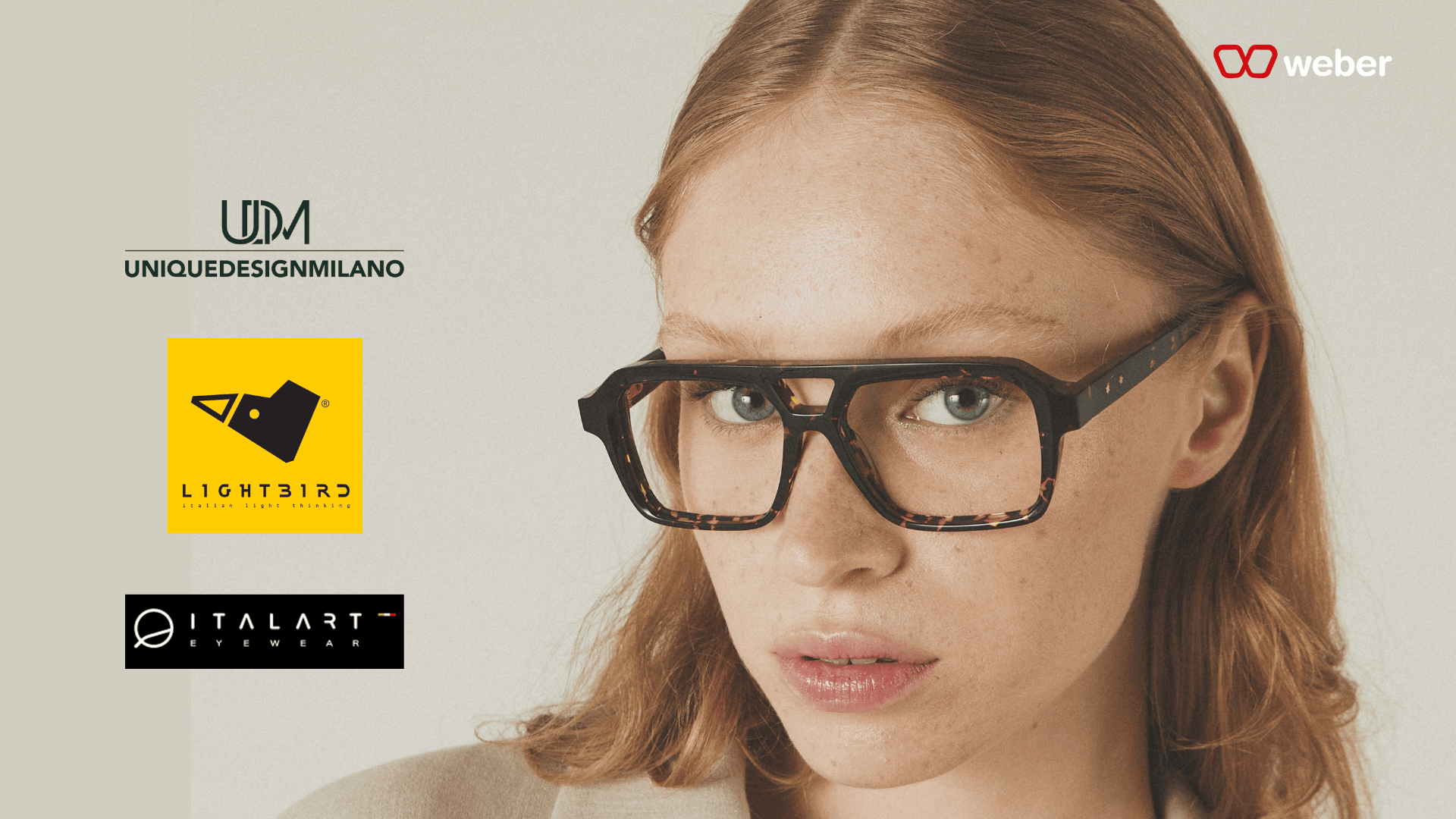 A woman with red hair and large, stylish eyeglasses looks at the camera. Logos for Weber, Unique Design Milano, Lightbird, and Italart Eyewear are displayed on a beige background.