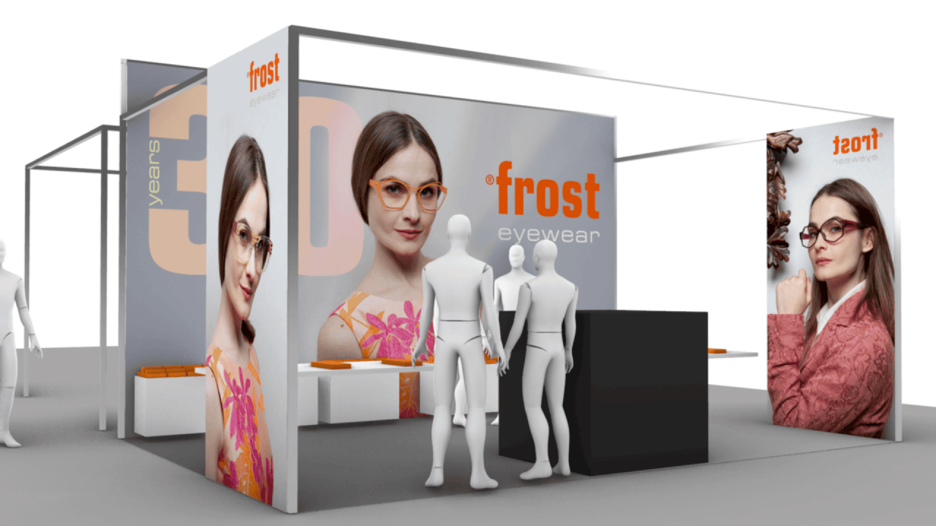 Exhibition booth for Frost Eyewear features large images of women wearing glasses, the brand name, and mannequins standing around counters in a modern, open display space.