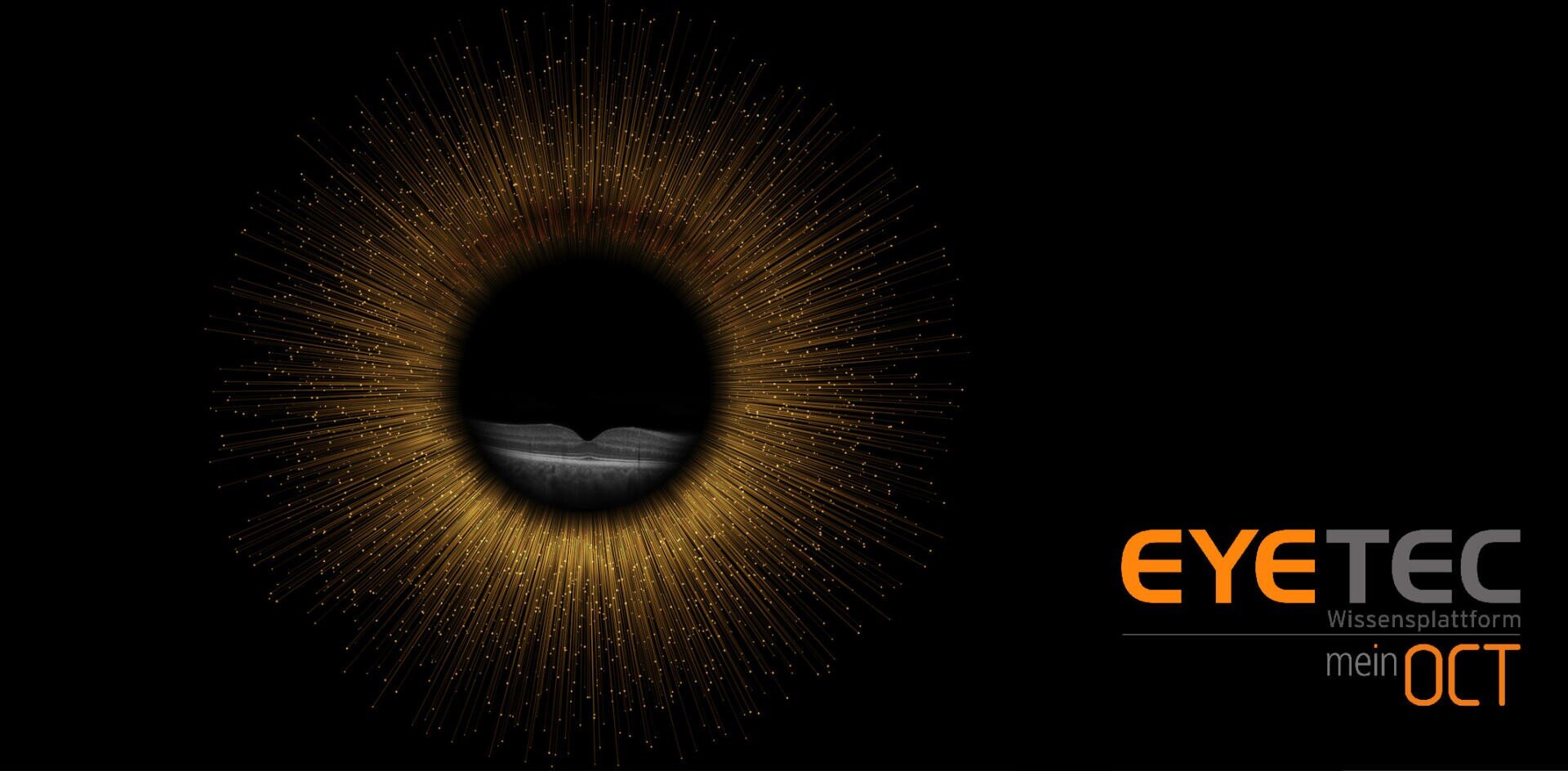 Ein kreisförmiges, augenähnliches Design mit orangefarbenen und goldenen Strahlen, die nach außen strahlen, umgibt einen optischen Kohärenztomographie (OCT)-Augenscan. In der unteren rechten Ecke steht EYE TEC Wissensplattform mein OCT.