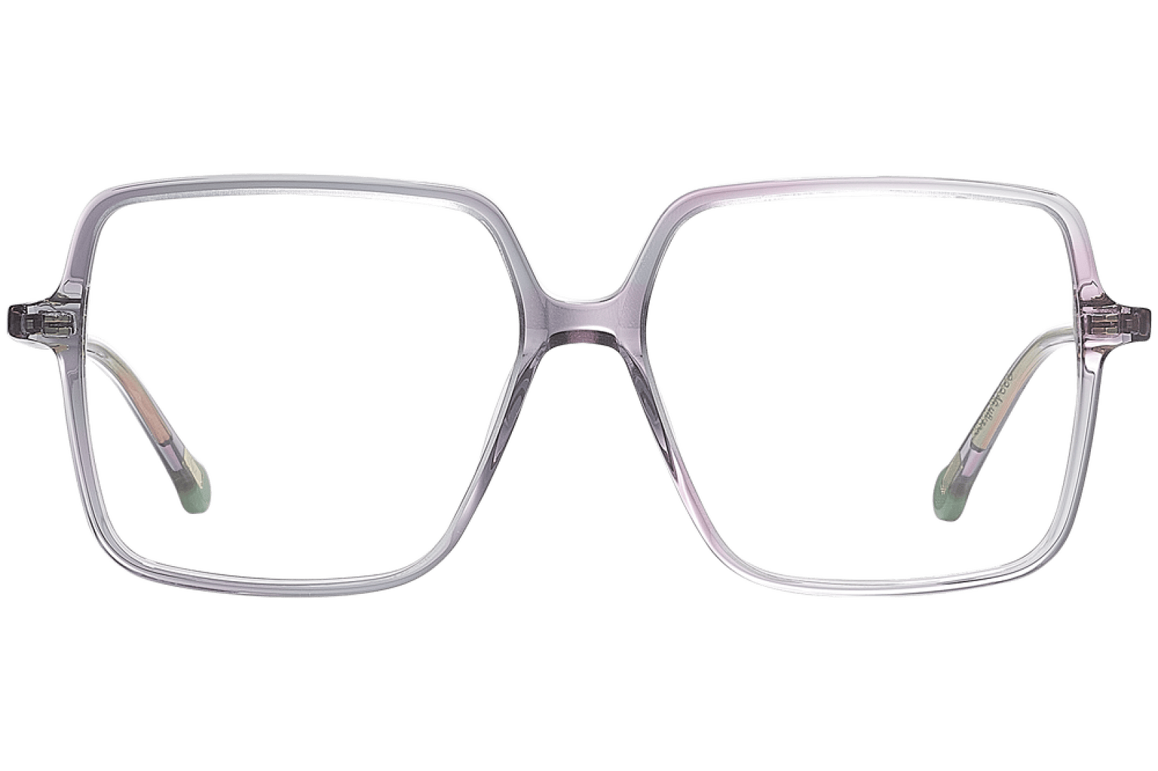 Eine Brille mit großem, rechteckigem, klarem Rahmen und dünnen Bügeln, von vorne auf transparentem Hintergrund gezeigt.