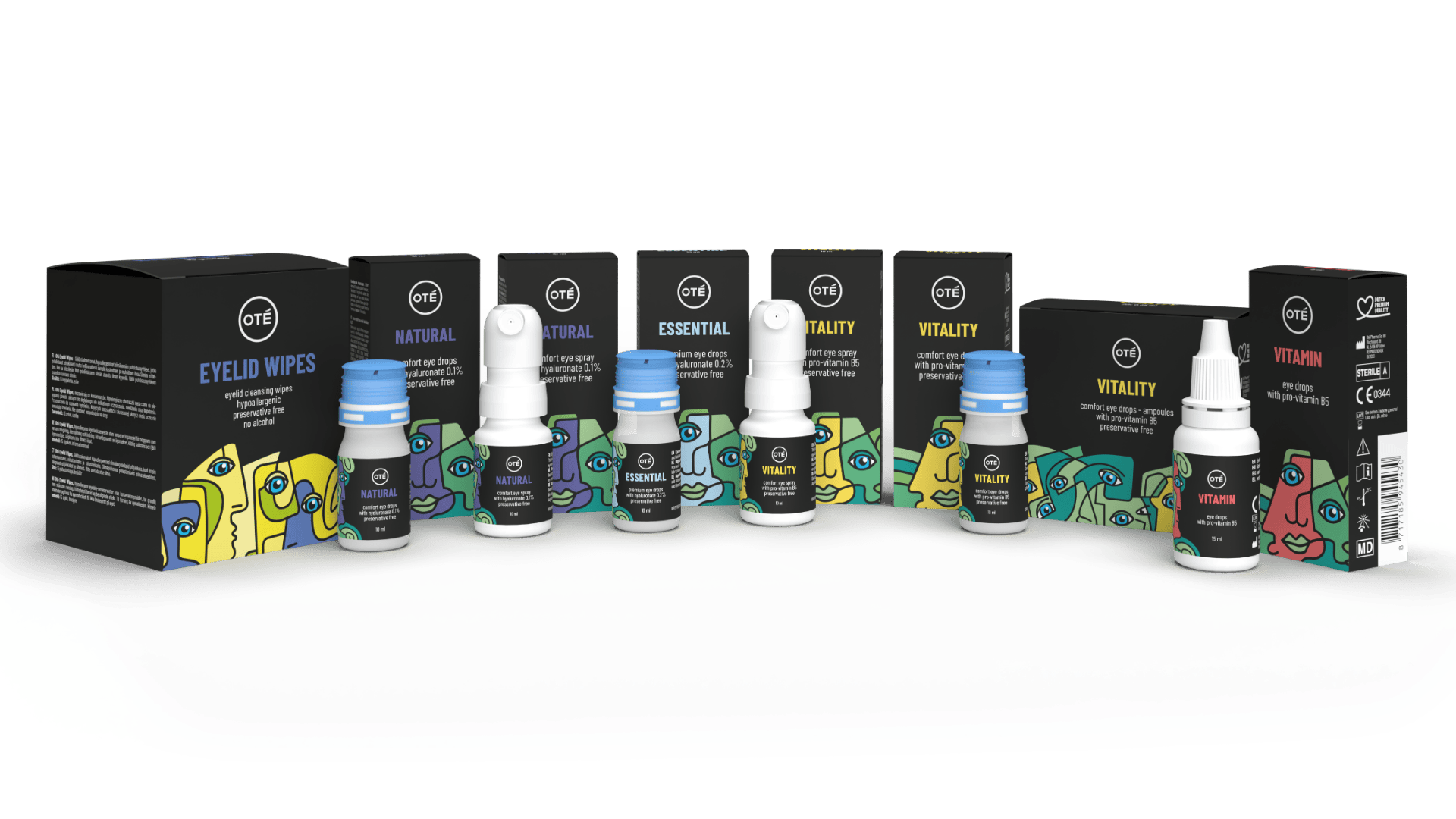 A lineup of eyelid wipe bottles and their colorful boxes, each labeled with different variants: Eyelid Wipes, Natural, Essential, Vitality, and Vitamin, featuring abstract face artwork on the packaging.