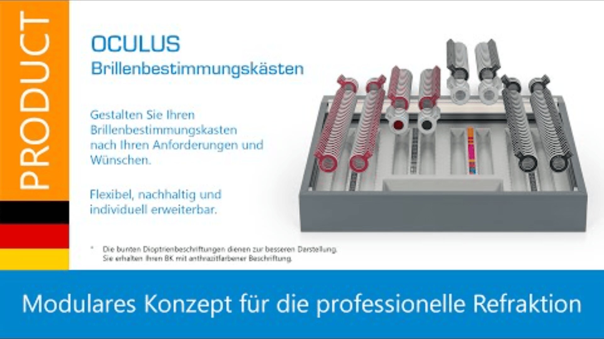 Ein Set mit optometrischen Testlinsen-Kits mit verschiedenen Linsen in einem Etui; der deutsche Text auf der linken Seite beschreibt anpassbare und modulare professionelle Refraktionslösungen von Oculus.