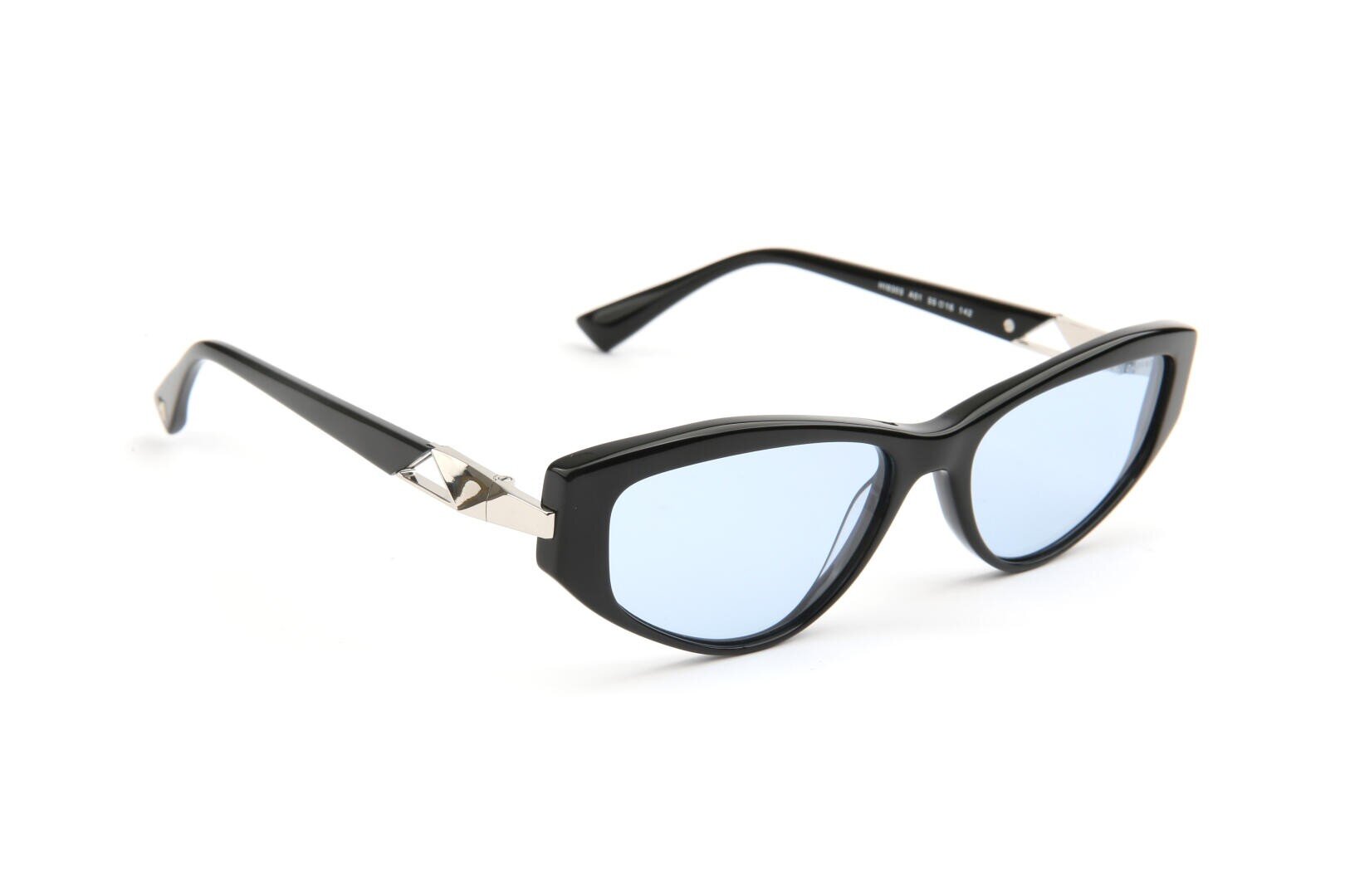 Black cat-eye sunglasses with light blue lenses, featuring silver accents on the hinges, displayed on a white background.