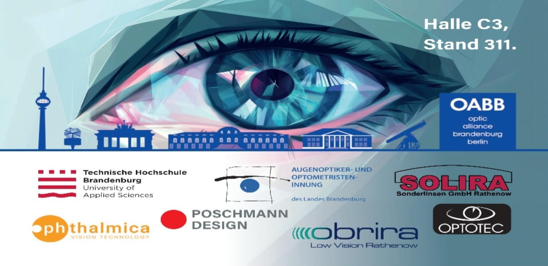 Illustration eines blauen Auges über verschiedenen Logos von optischen Unternehmen und Institutionen, mit Text: Halle C3, Stand 311. Darunter OABB, Technische Hochschule Brandenburg, Solira und andere.