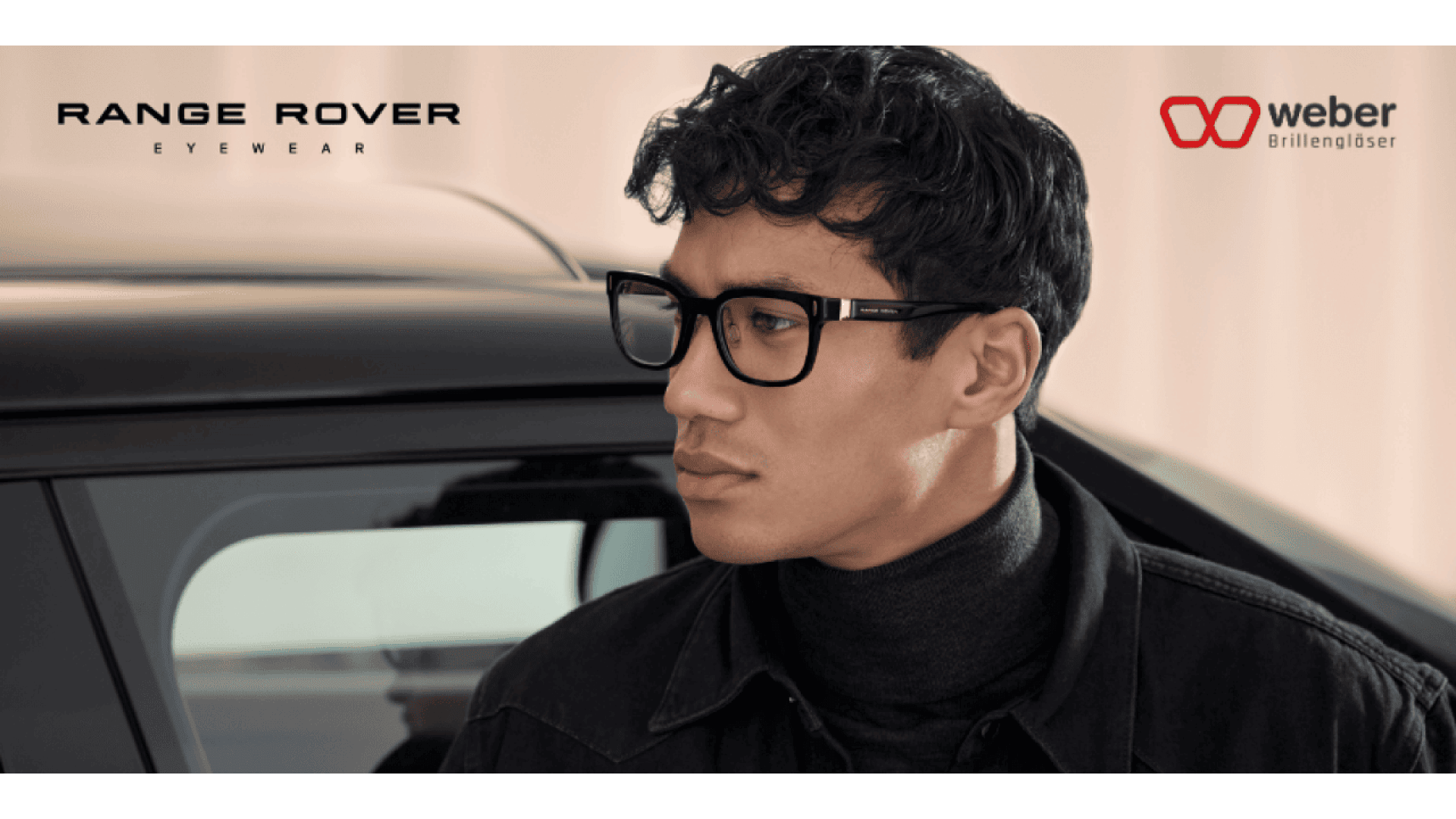 A man with short dark hair and black glasses looks to the side, standing beside a car. The Range Rover Eyewear and Weber Brillengläser logos are visible in the top corners.