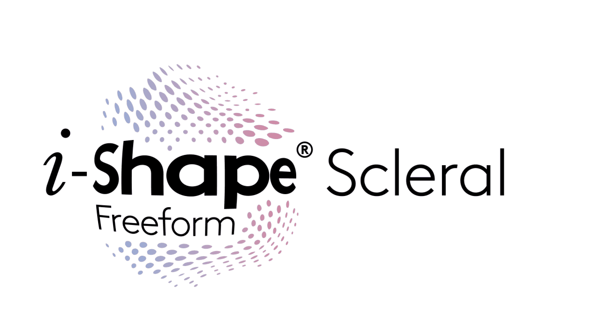 Logo for i-Shape Freeform Scleral featuring black and purple text with a dotted, gradient pattern in purple and blue, forming an abstract shape behind the word Shape.