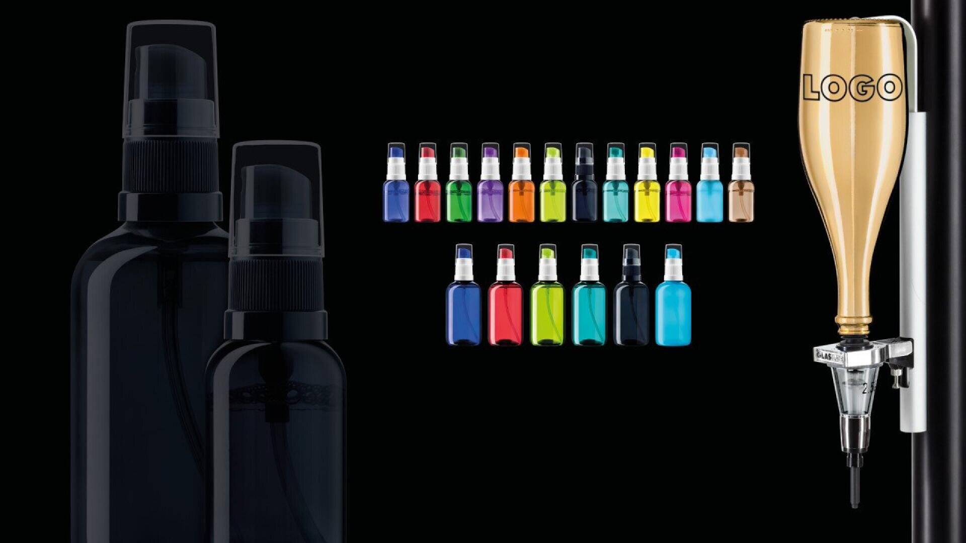 Assorted colorful spray bottles are displayed on a black background, with two large dark bottles on the left and a gold liquid dispenser labeled “LOGO” attached to a tap on the right.