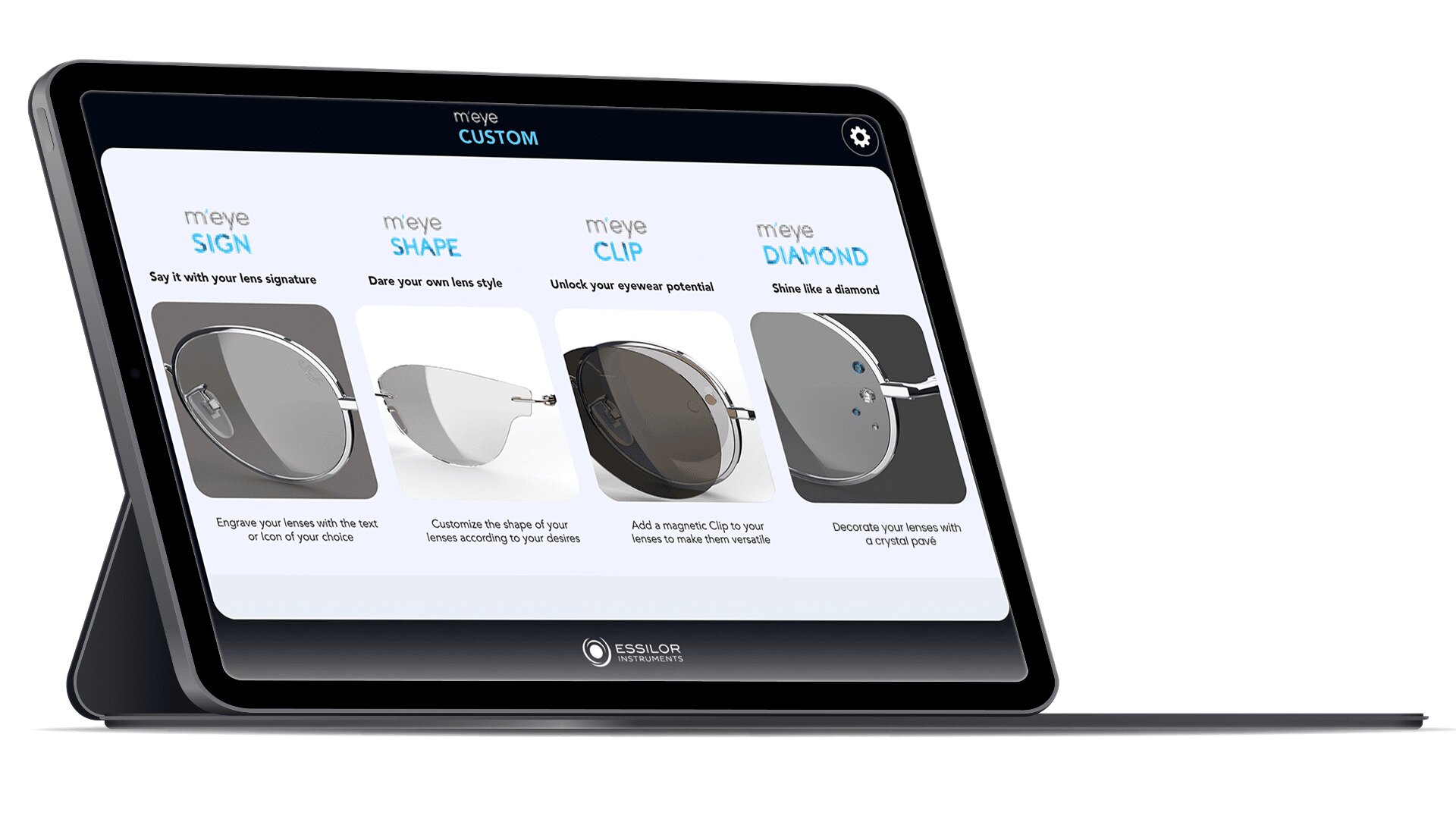 Auf einem Tablet werden vier Optionen zur individuellen Gestaltung von Brillen angezeigt: miEye SIGN, SHAPE, CLIP und DIAMOND, jeweils mit einer Abbildung und einer kurzen Beschreibung auf dem Bildschirm. Das Tablet wird schräg gezeigt.
