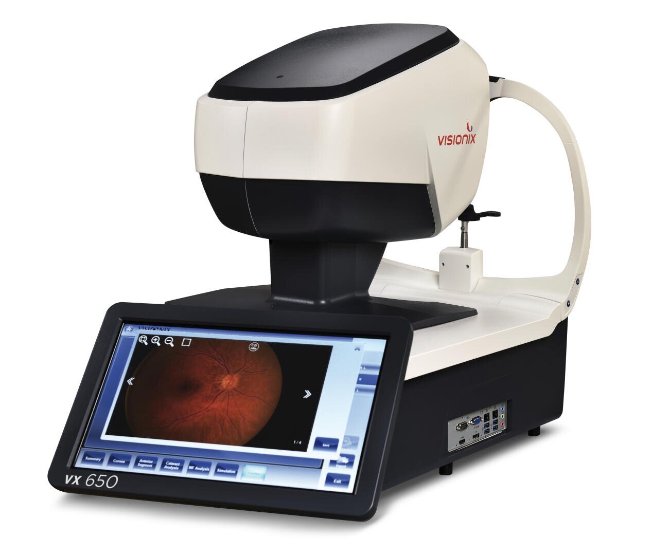 Das medizinische Gerät Visionix VX 650 verfügt über einen großen Bildschirm, auf dem ein Netzhautscan angezeigt wird. Das Gerät dient zur Augenuntersuchung und Netzhautbildgebung. Das Design ist weiß mit schwarzen und grauen Akzenten.