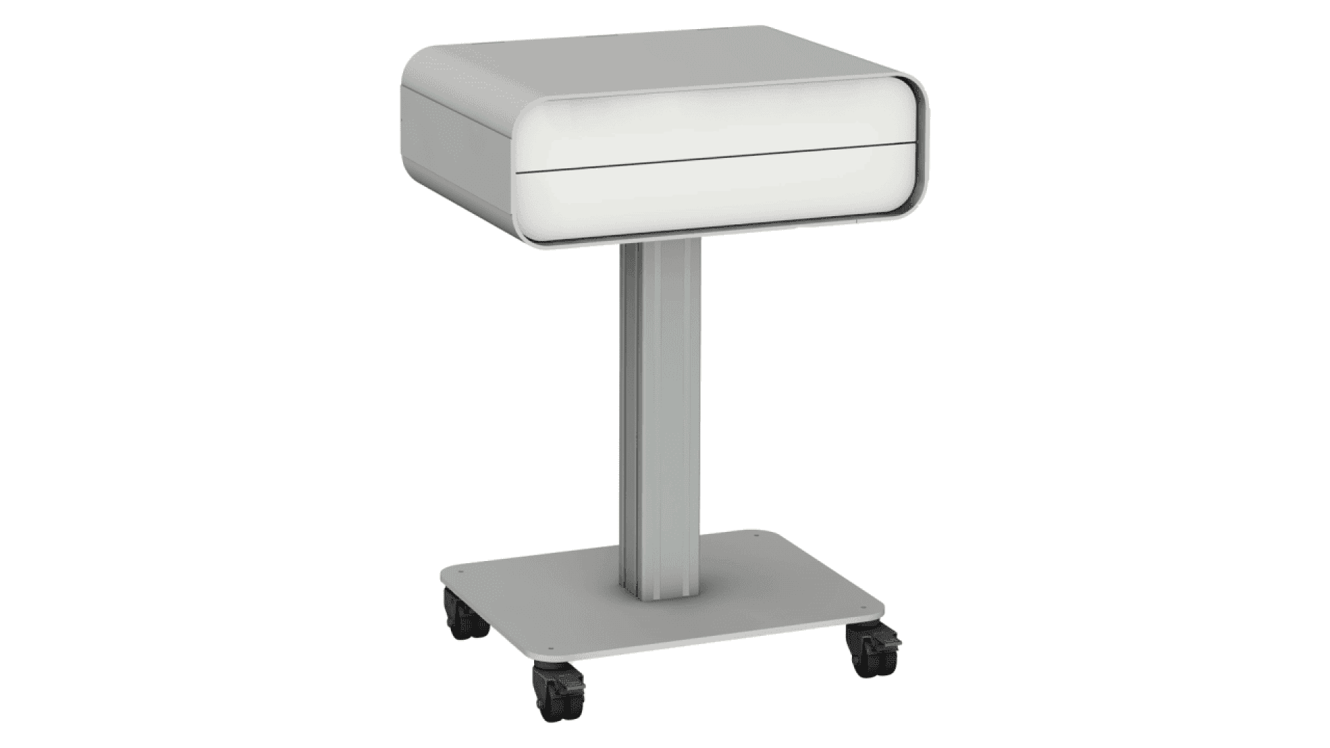 A modern, rectangular, light gray side table with a closed drawer, mounted on a metal stand with four wheels for mobility.