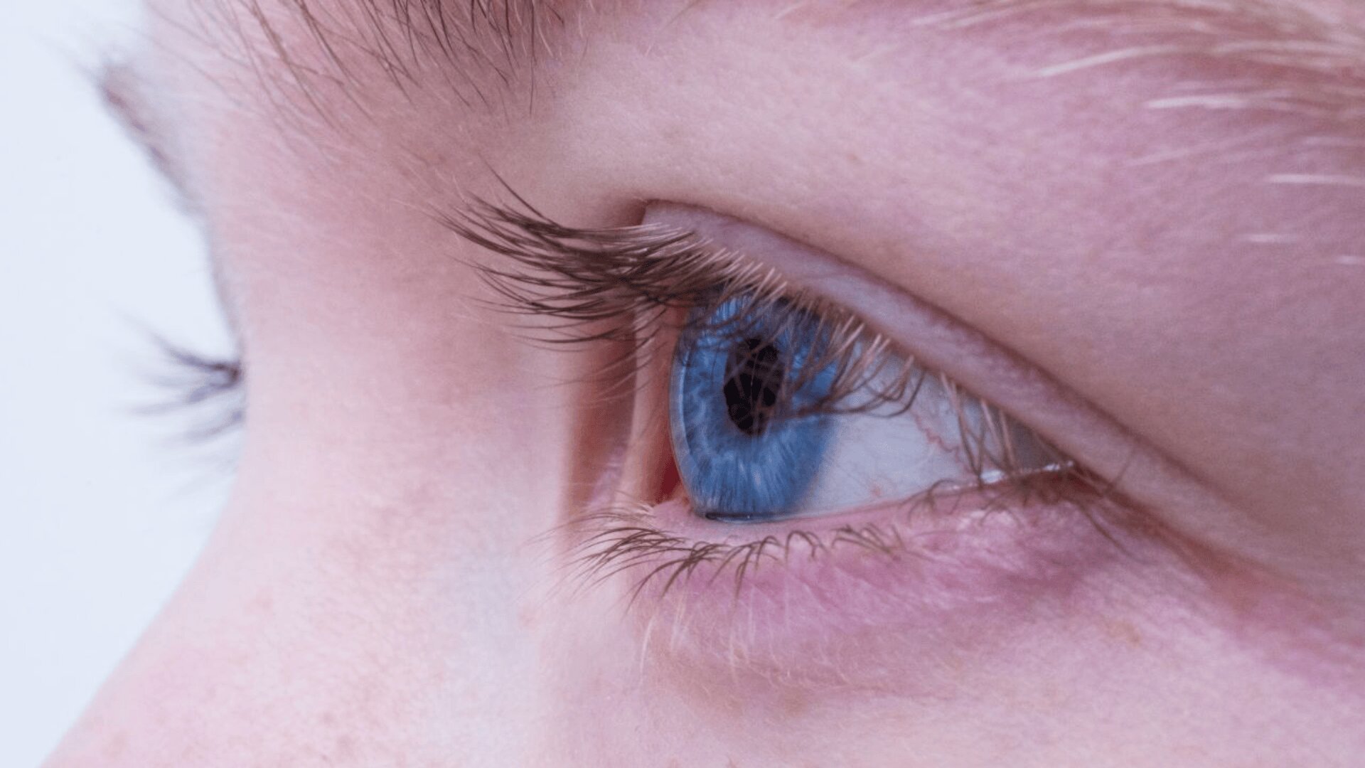 Nahaufnahme des blauen Auges einer Person mit langen Wimpern, heller Haut und sichtbaren Augenbrauen. Die Beleuchtung hebt die Augenfarbe und feine Details der umgebenden Haut und Wimpern hervor.