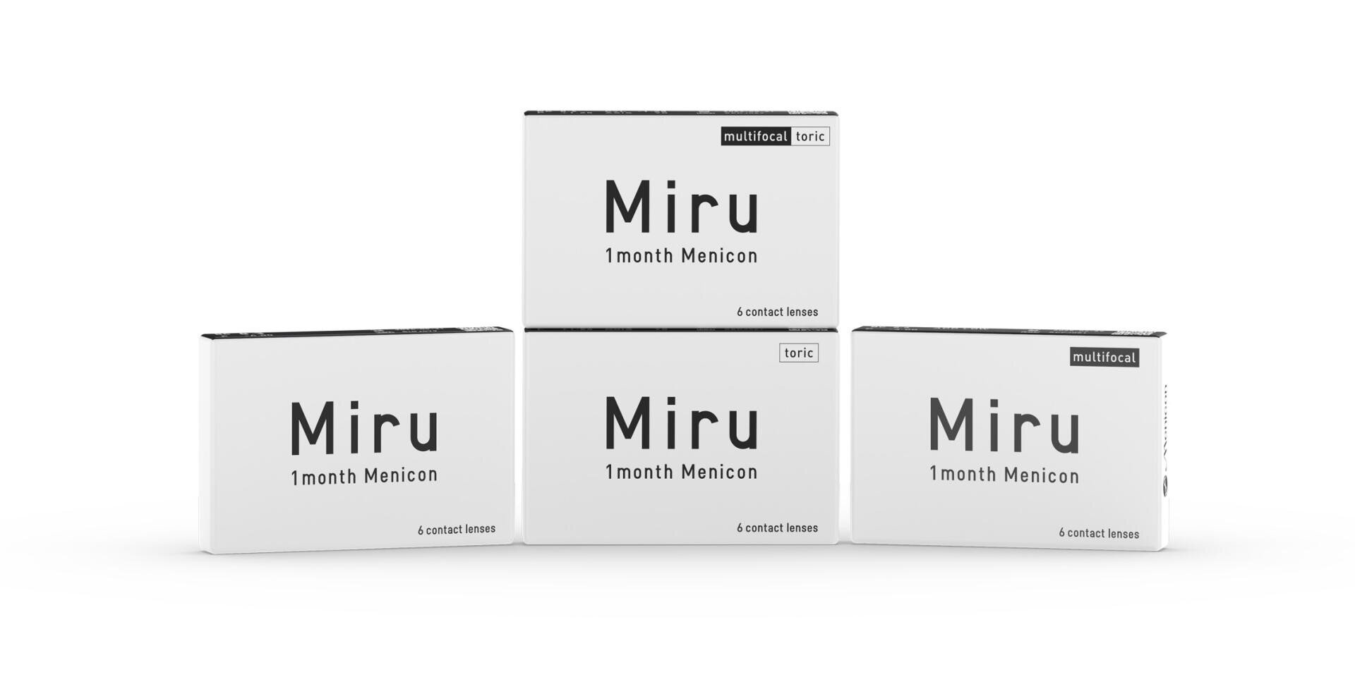 Vier weiße Schachteln mit Miru 1 month Menicon Kontaktlinsen sind ausgestellt. Jede Schachtel ist in der oberen rechten Ecke mit Varianten wie "torisch" oder "multifokal" beschriftet. Das Verpackungsdesign ist minimalistisch.