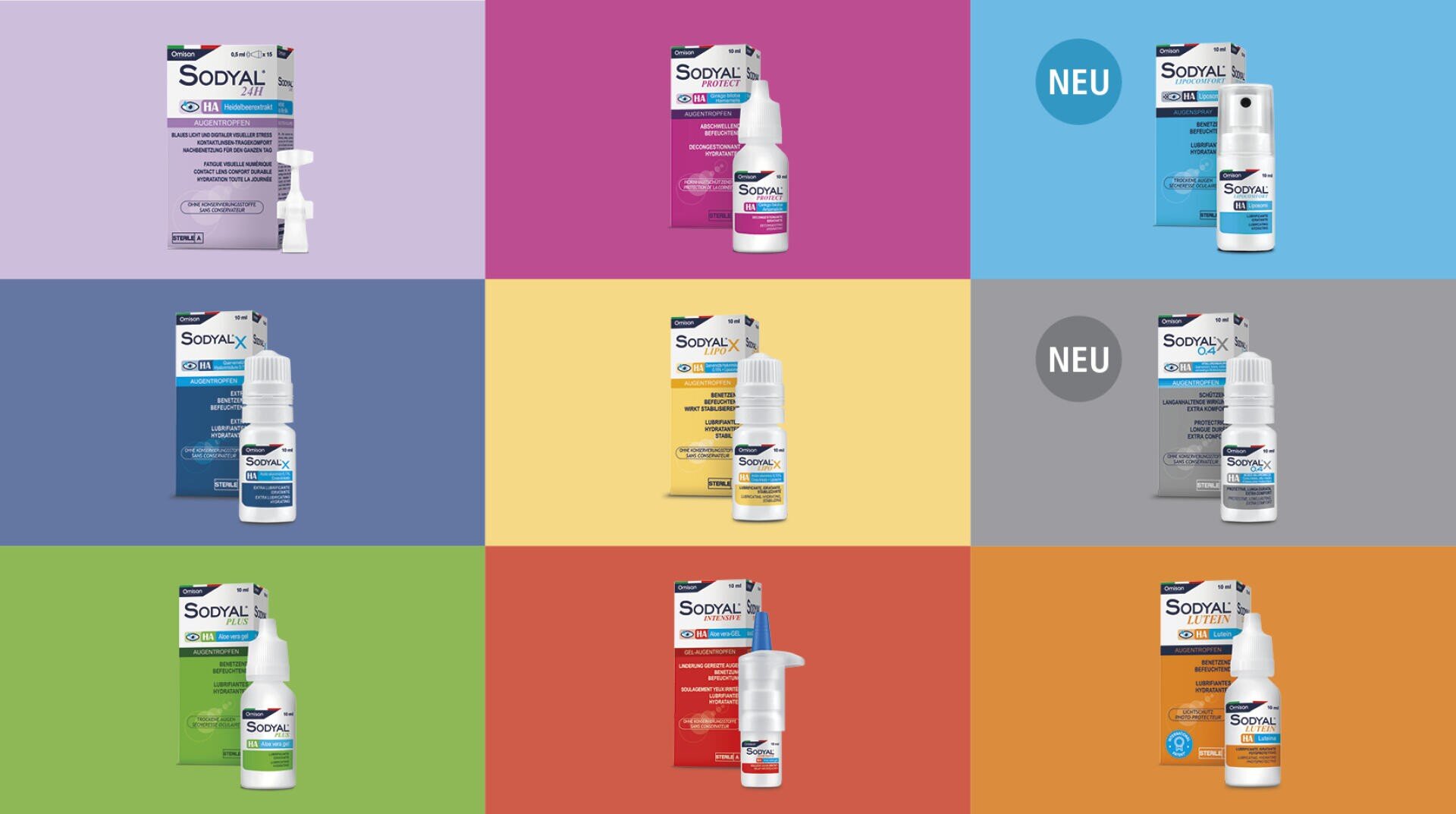 Ein Raster aus neun farbigen Quadraten, die jeweils eine andere Verpackung und Flasche eines Sodyal-Augenpflegeprodukts zeigen. Die Produkte variieren in ihrer Farbe, darunter rosa, blau, gelb, grün, rot und orange. NEU erscheint zweimal in blauen und grauen Kreisen.