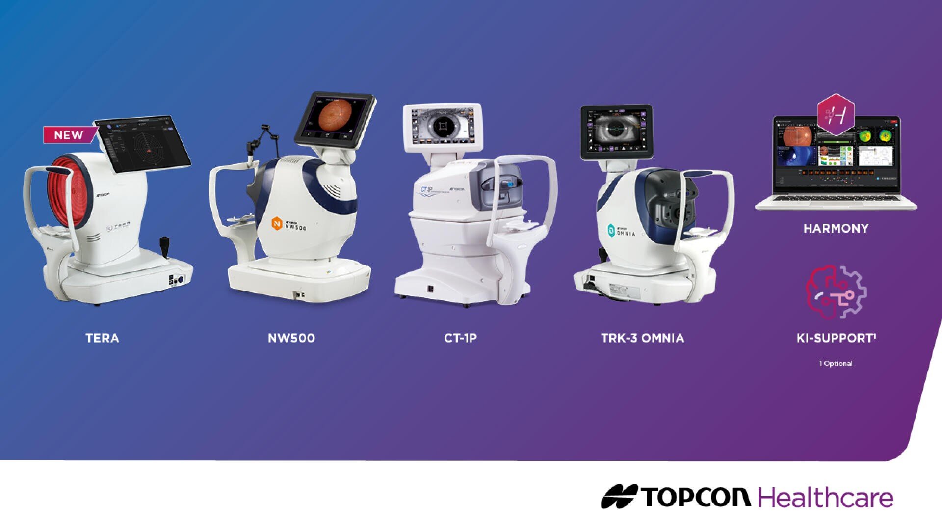 A lineup of five Topcon Healthcare eye diagnostic devices, including TERA, NW500, CT-1P, TRK-3 OMNIA, and the HARMONY KI-SUPPORT system, displayed against a blue-purple gradient background.