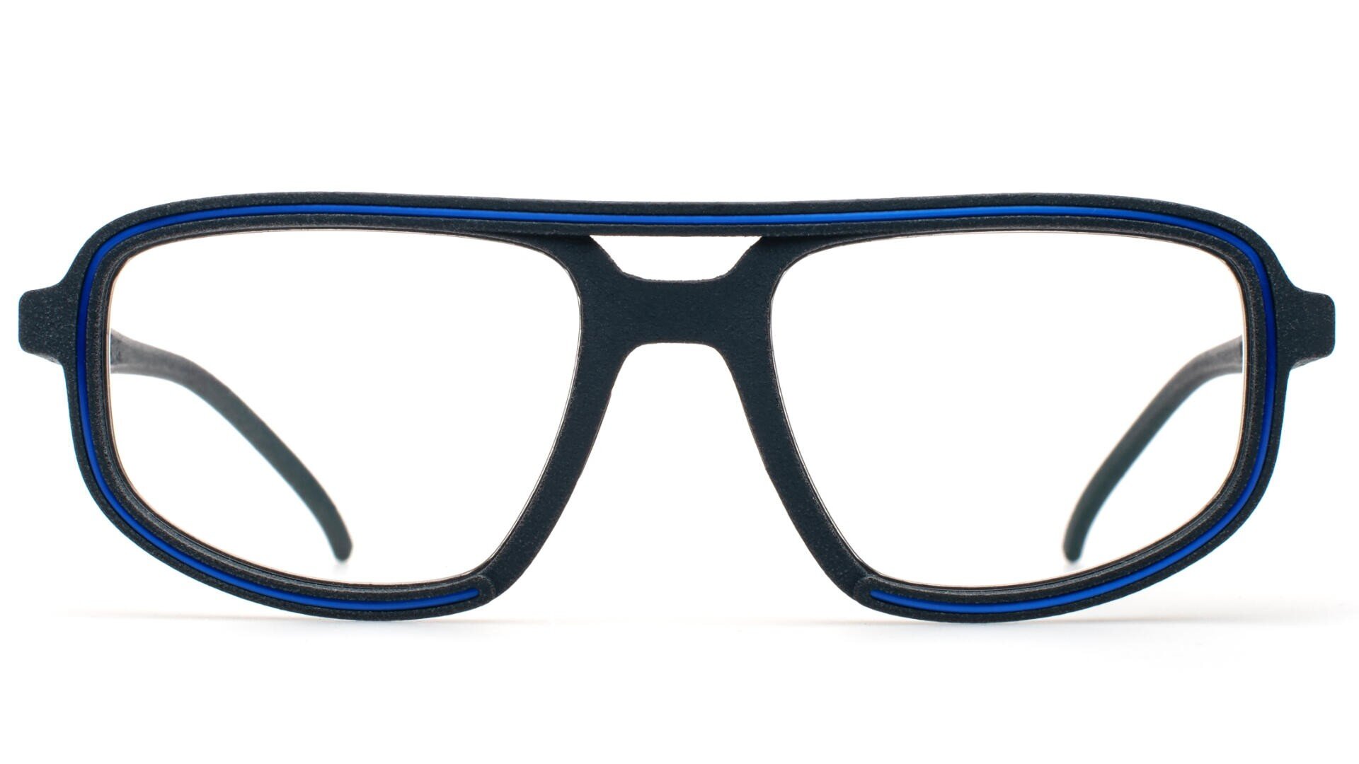 Eine dunkelblaue Vollrandbrille im Pilotenstil mit Doppelsteg, von vorne vor einem weißen Hintergrund betrachtet.