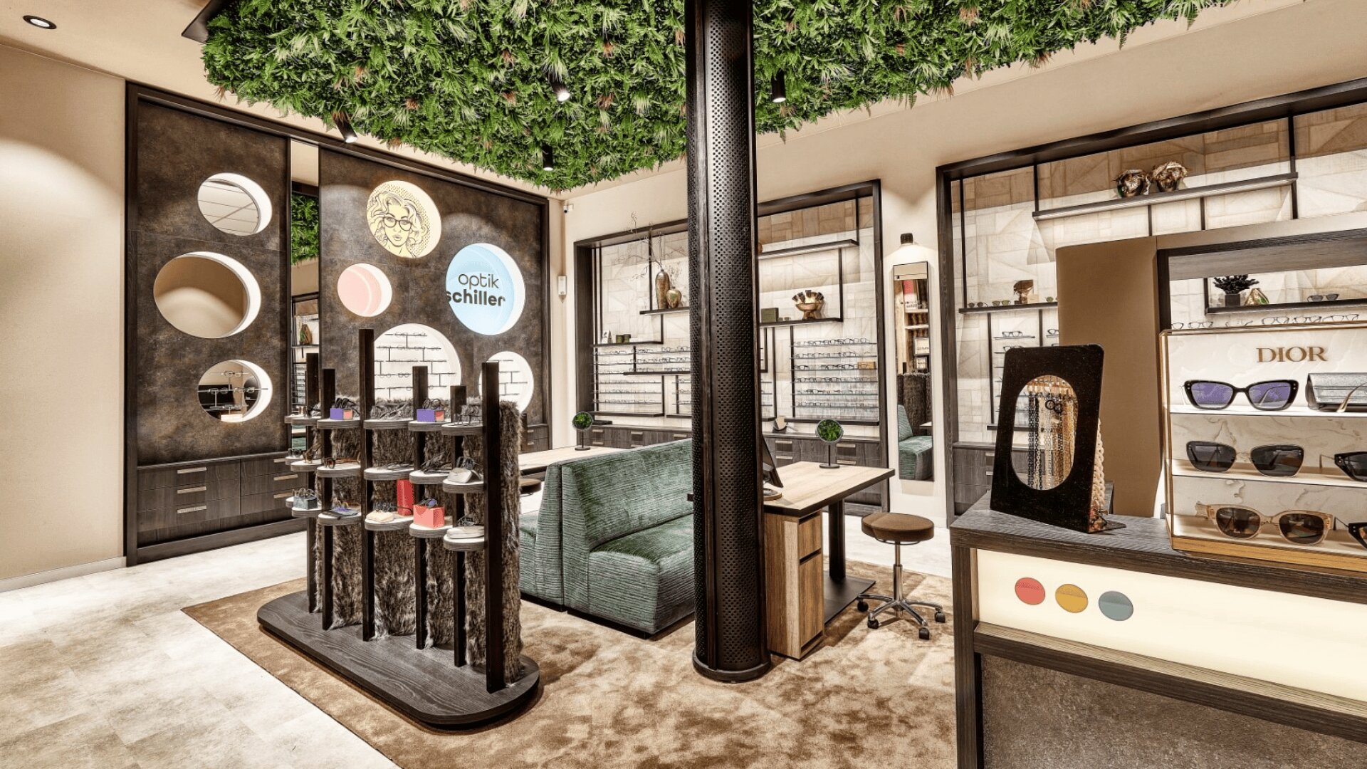 Modern eyewear store interior featuring stylish displays of glasses, round mirrors, a green plant ceiling, and a cozy seating area with a wooden desk. Brands like Dior sunglasses are visible on the shelves.